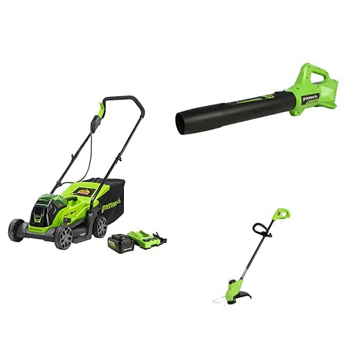 Greenworks 24V 13" Brushless Lawn Mower, Blower, String Trimmer, 4.0Ah USB Battery and Charger Included