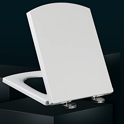 Toilet Seat White Square Loo Seat Soft Close Universal Toilet Seats, Toilet Seats Fittings and Fixtures Universal Included, Adjustable Slow Close Hinges,White-44~50 * 37cm