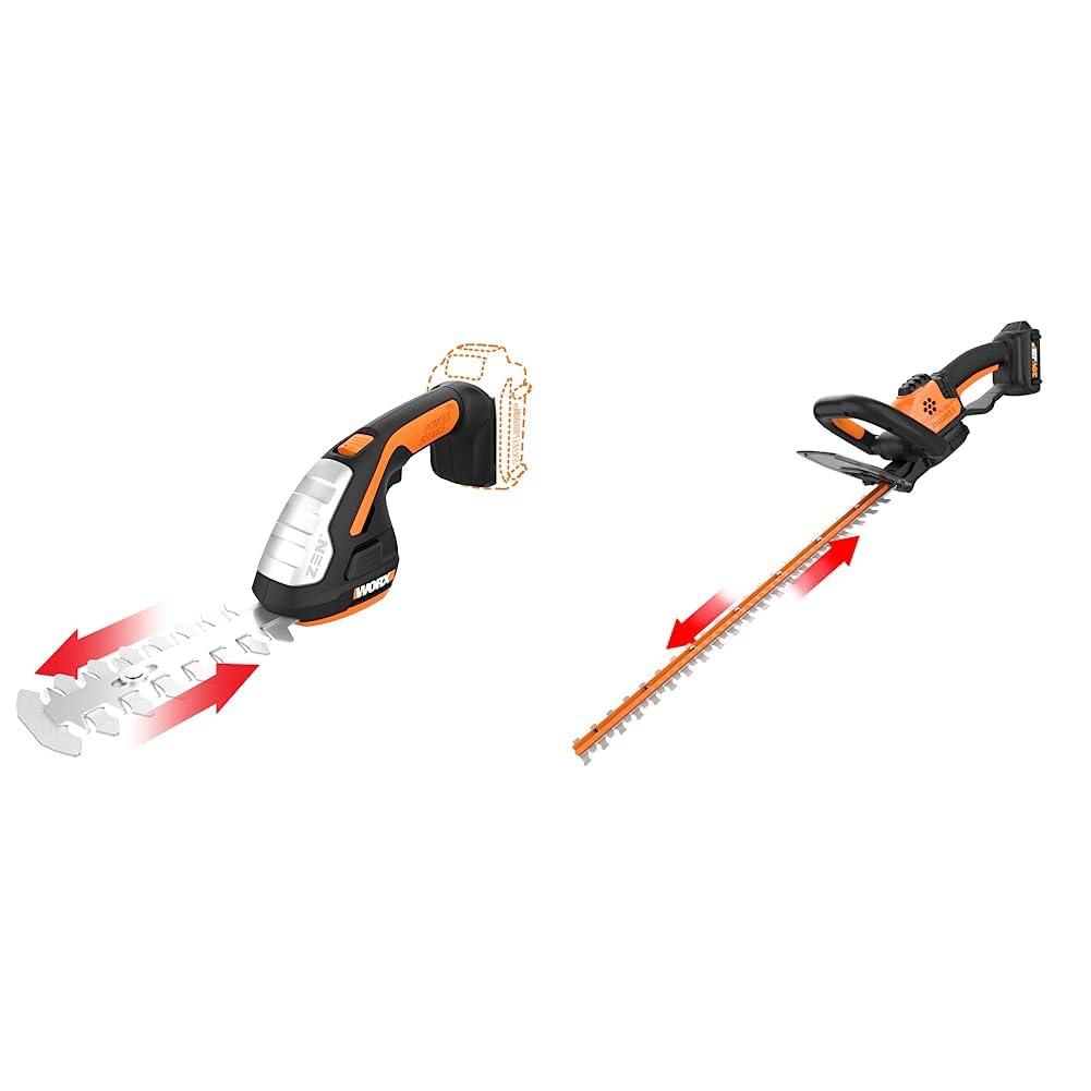 WORX WG801.9 20V Power Share 4" Cordless Shear and 8" Shrubber Trimmer (Tool Only) & WG261 20V Power Share 22" Cordless Hedge Trimmer (Battery & Charger Included)