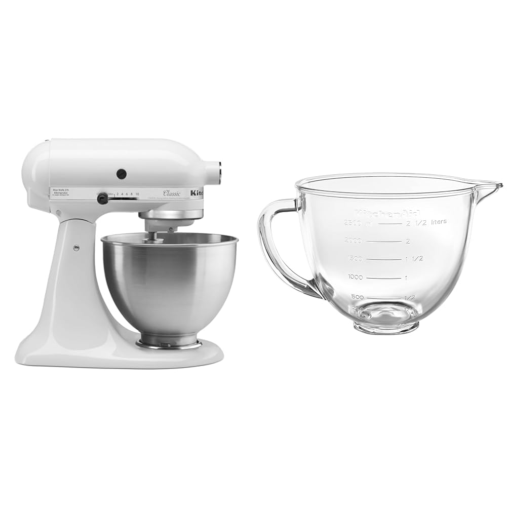 KitchenAid Classic Series 4.5 Quart Tilt-Head Stand Mixer K45SS, White & 3.5 Quart Tilt-Head Glass Bowl - KSM35GB