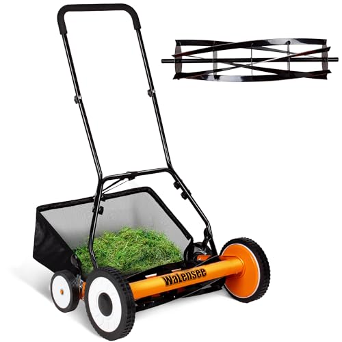 Walensee 20-Inch 5-Blade Push Reel Lawn Mower, Cordless Manual Reel Lawn Mower Walk-Behind Steel Lawn Mowers with Removable 11.8-Gallon Grass Catcher, Sponge Grip, 9-Position Cutting Height Adjustment