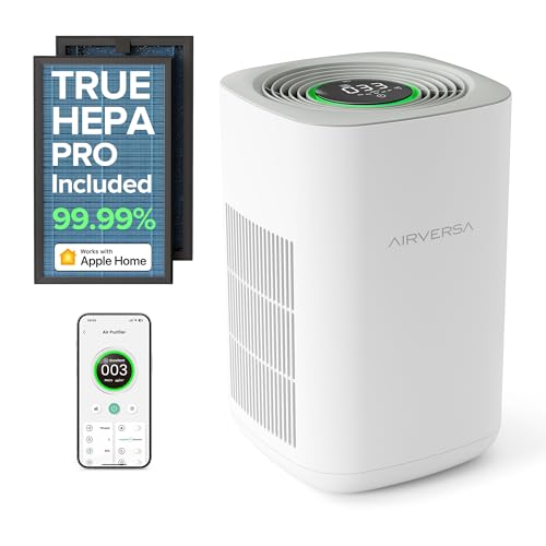 Airversa 𝗧𝗿𝘂𝗲 𝗛𝗘𝗣𝗔 𝗣𝗿𝗼 Air Purifier for Home Bedroom Large Room 1050 Sq Ft Air Filters Up to 99.99% PM2.5 Display Smart Air Cleaner Works with HomeKit for Baby Pet Desktop Office, AP2-2025