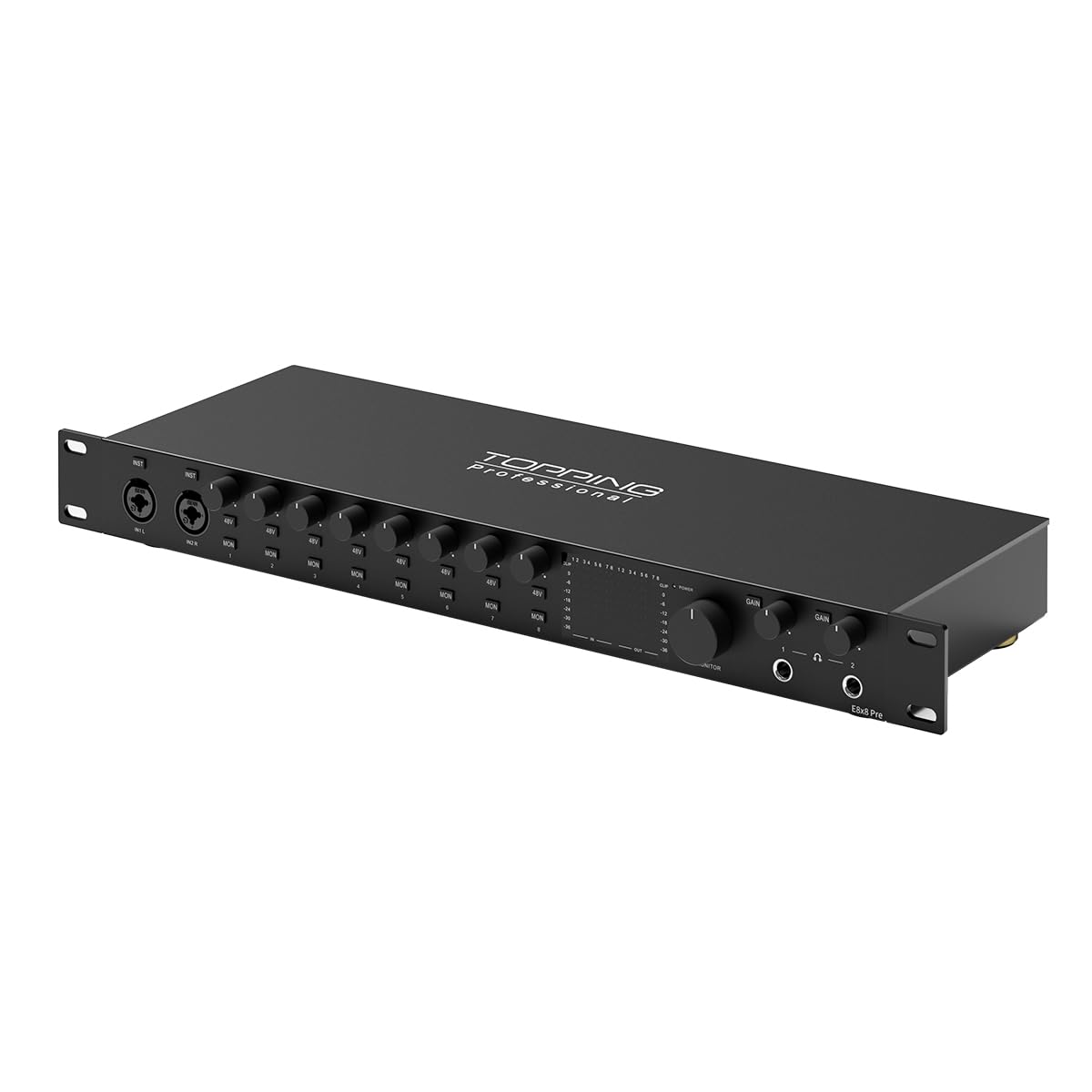 TOPPING E8x8 Pre Professional Audio Interface with 8 Ultra-Linear Mic Preamps, Dual Headphone Outputs & Zero-Latency Monitoring - High Dynamic Range & Precision Sound Control (E8X8 Pre-Black)