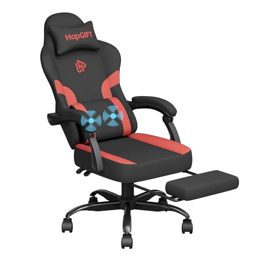 HapGIFT Gaming Chair with Massage Lumbar Support, High Back Ergonomic Computer Chair with Headrest, Height Adjustable Technical Fabric Chair with Footrest, Gamer Chair for Adults, 300LBS (Black-Red)