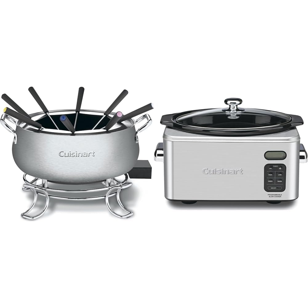 Cuisinart Fondue Pot, 3 Quart, For Chocolate, Cheese, Broth, Oil, Stainless Steel, CFO-3SSP1 & PSC-650 Stainless Steel 6-1/2-Quart Programmable Slow Cooker (Silver)