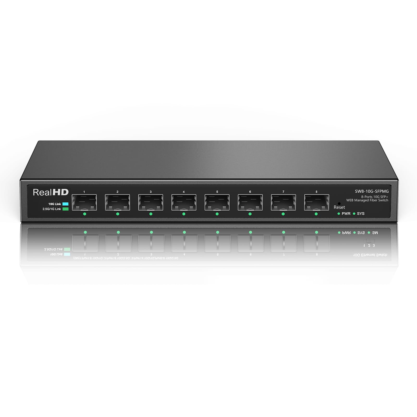 8 Port 10Gb SFP+ Web Managed Fiber Switch with 8 x 10G SFP+ Ports | Multi-Gig 10G-2.5G-1G | Fanless | 160G Bandwidth | Metal Casing NO Rack Mount | Support Jumbo Frames/ VLAN/ Link Aggregation/ QoS