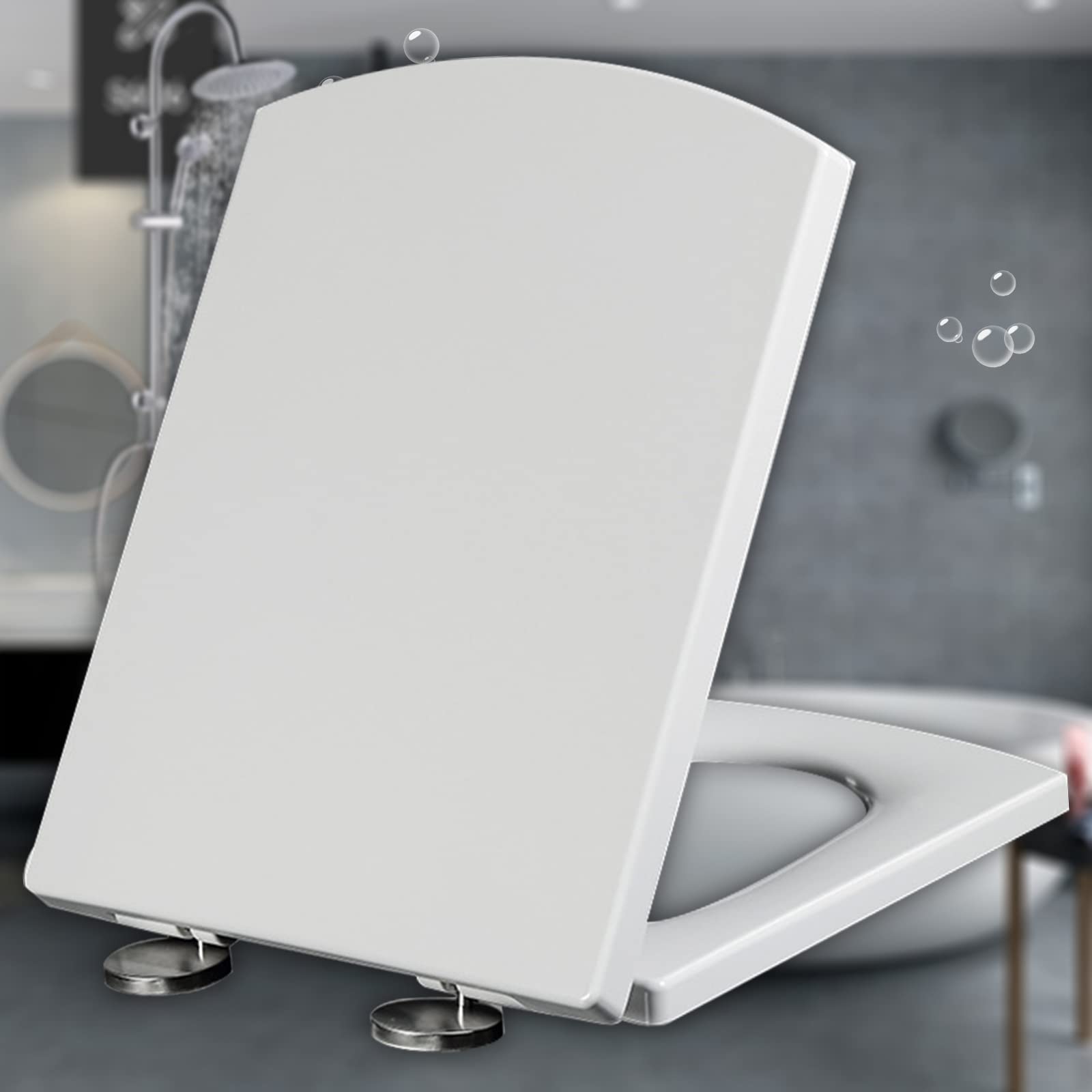 Toilet Seat White Square Loo Seat Soft Close Universal Toilet Seats, Quick-Release Standard Durable Toilet Lid, Adjustable Slow Close Hinges,White-39.5~46.5 * 34.5cm
