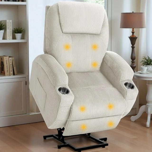 Electric Power Lift Recliner Chair with Massage for Elderly Corduroy Fabric Recliner Single Sofa with Cup Holders, Side Pockets and Remote Control for Living Room Bedroom (Beige)