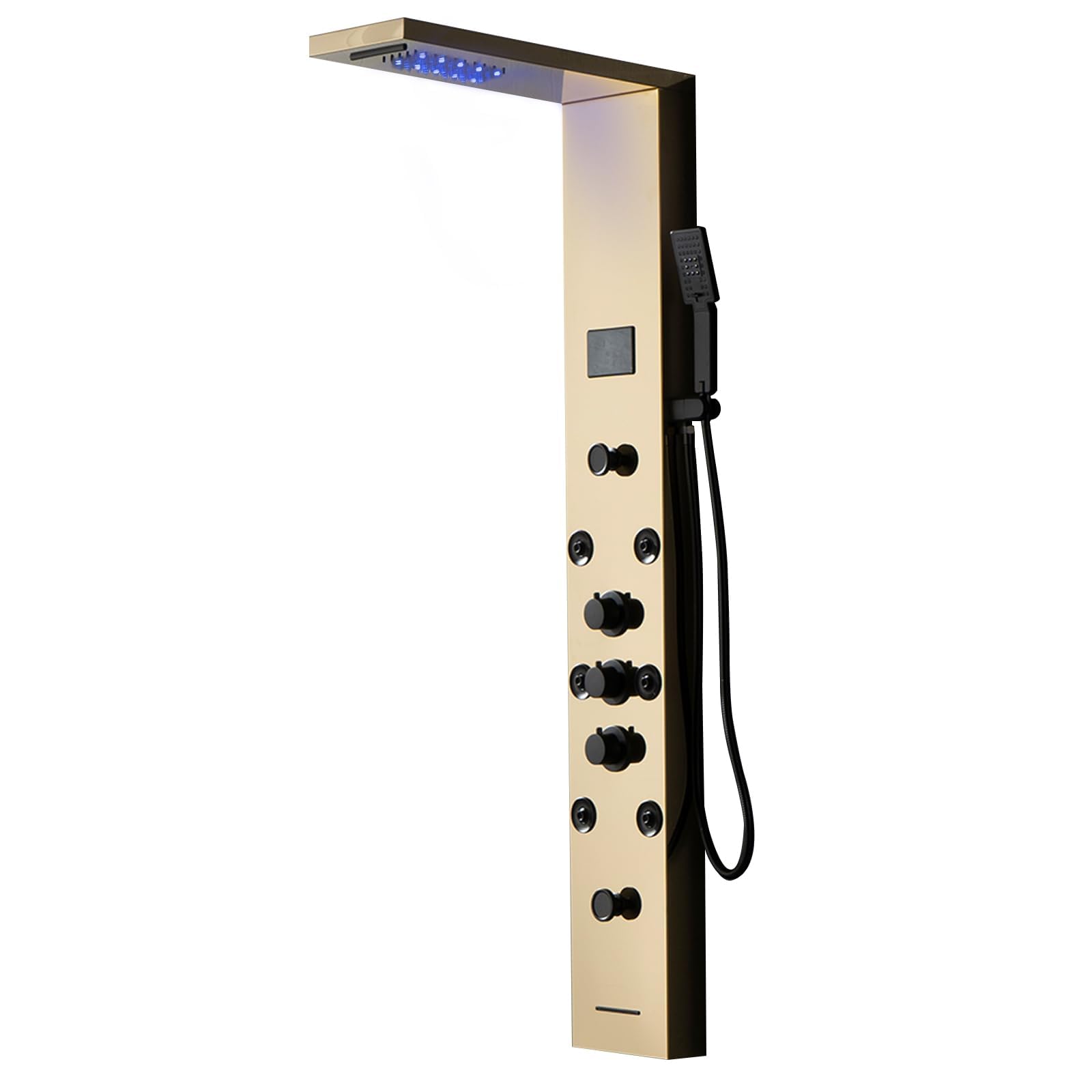BATHLAVISH LED Gold Shower Tower 304 Stainless Steel 4 In 1 Shower Panels System with Rainfall Shower Waterfall Bath Tub Fauc Rain Massage Body Jets for Home Hotel Resort Bathroom Lavatory Wash Gold