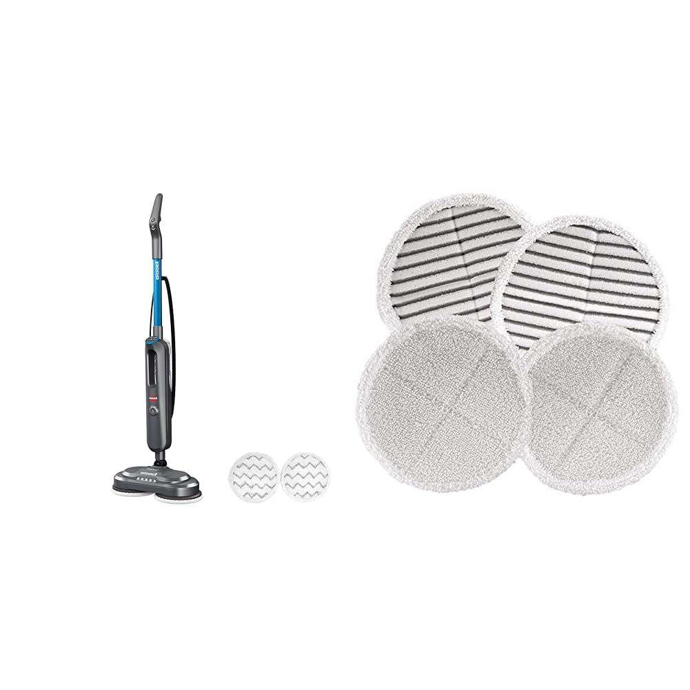 Bundle of BISSELL SpinWave SmartSteam Scrubbing Steam Mop with Rotating Mop Pads + Bissell 2124 Spinwave Mop Pad Kit Replacement Pads, White
