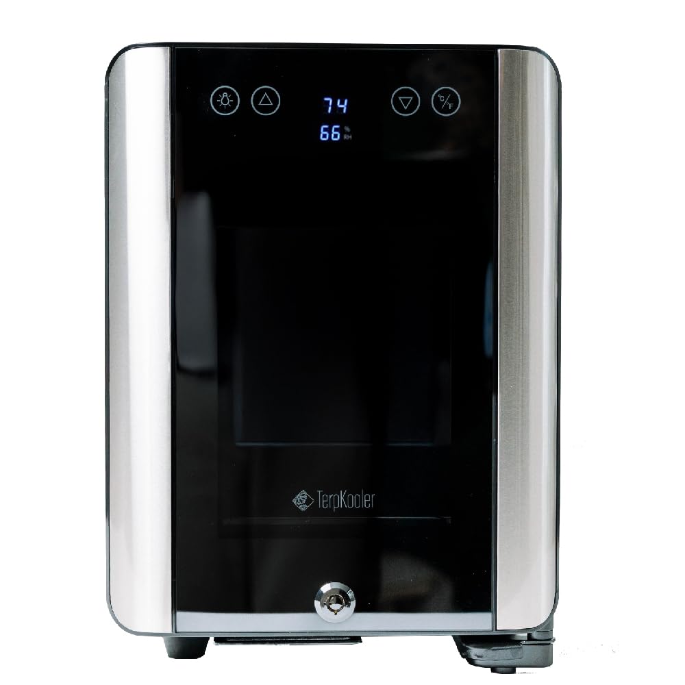 Terpkooler Essential Cooler Compact Portable Mini Fridge with Temp & Humidity Control, 3 USB Ports, Smoked Glass Shelves, Lockable UV Glass Door for Herbs, Oils, Cosmetics, and More