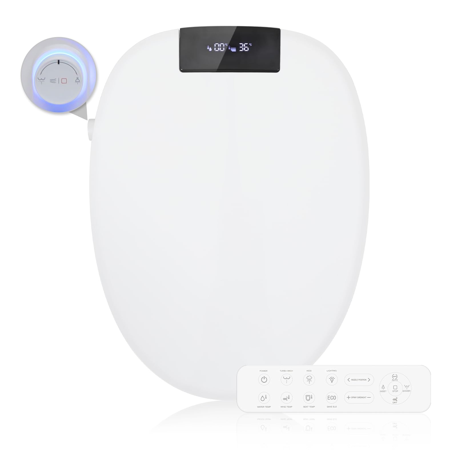 CCV Upgrade Smart Bidet Toilet Seat Elongated, Warm Water, Heated Toilet Seat with Remote Control, Thermostatic Warm Water Bidet with Dryer, Kids Model, Rear and Front Wash, Slow Closes, Night Light