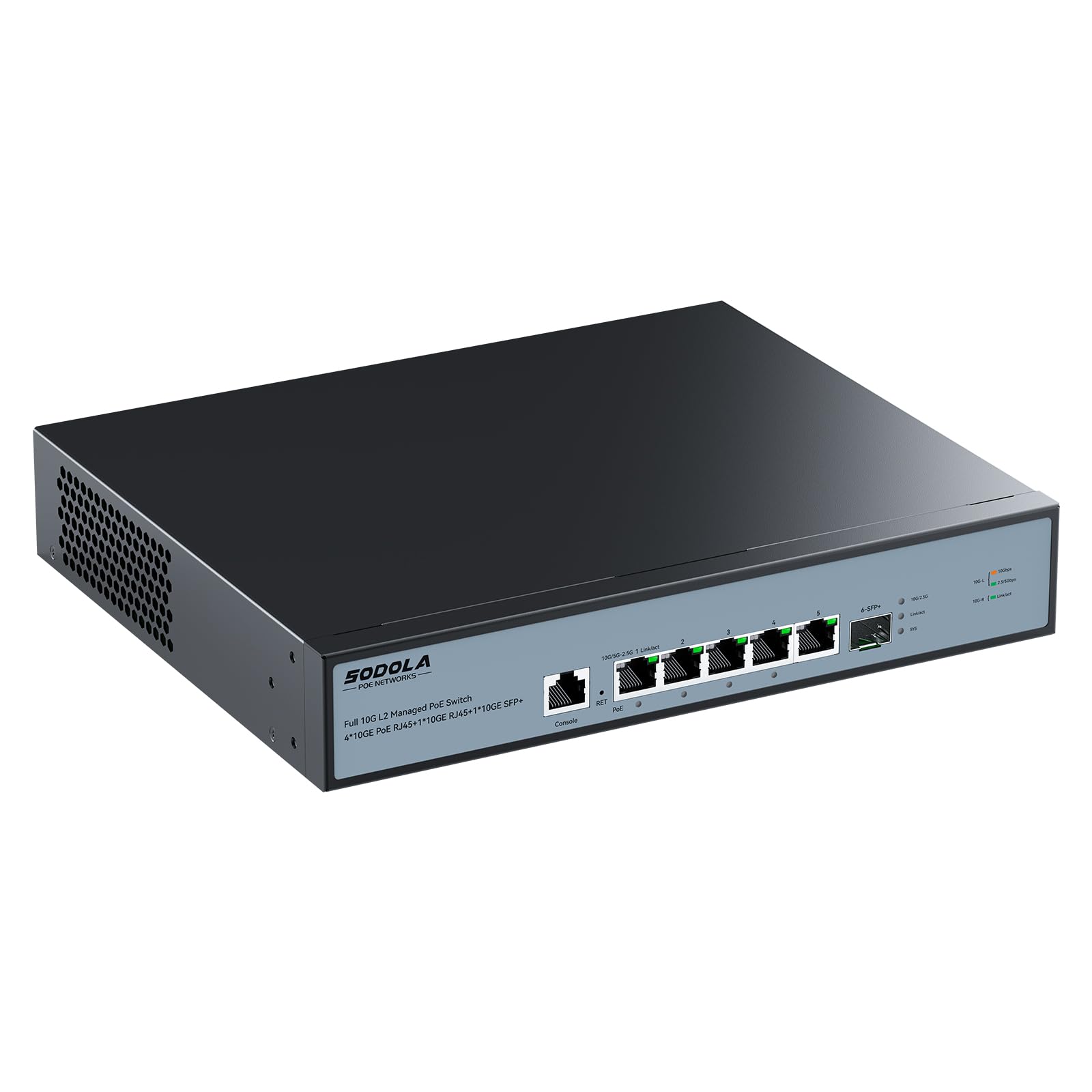 SODOLA 10Gb L2 Managed PoE Switch 150W|1X 10G SFP+&4 x 10GBase-T PoE Ports+1x10GBase-T Uplink, Max 90W PoE Output,IEEE802.3af/at/bt,Desktop&Wall Mount 10G Managed PoE Network Switch