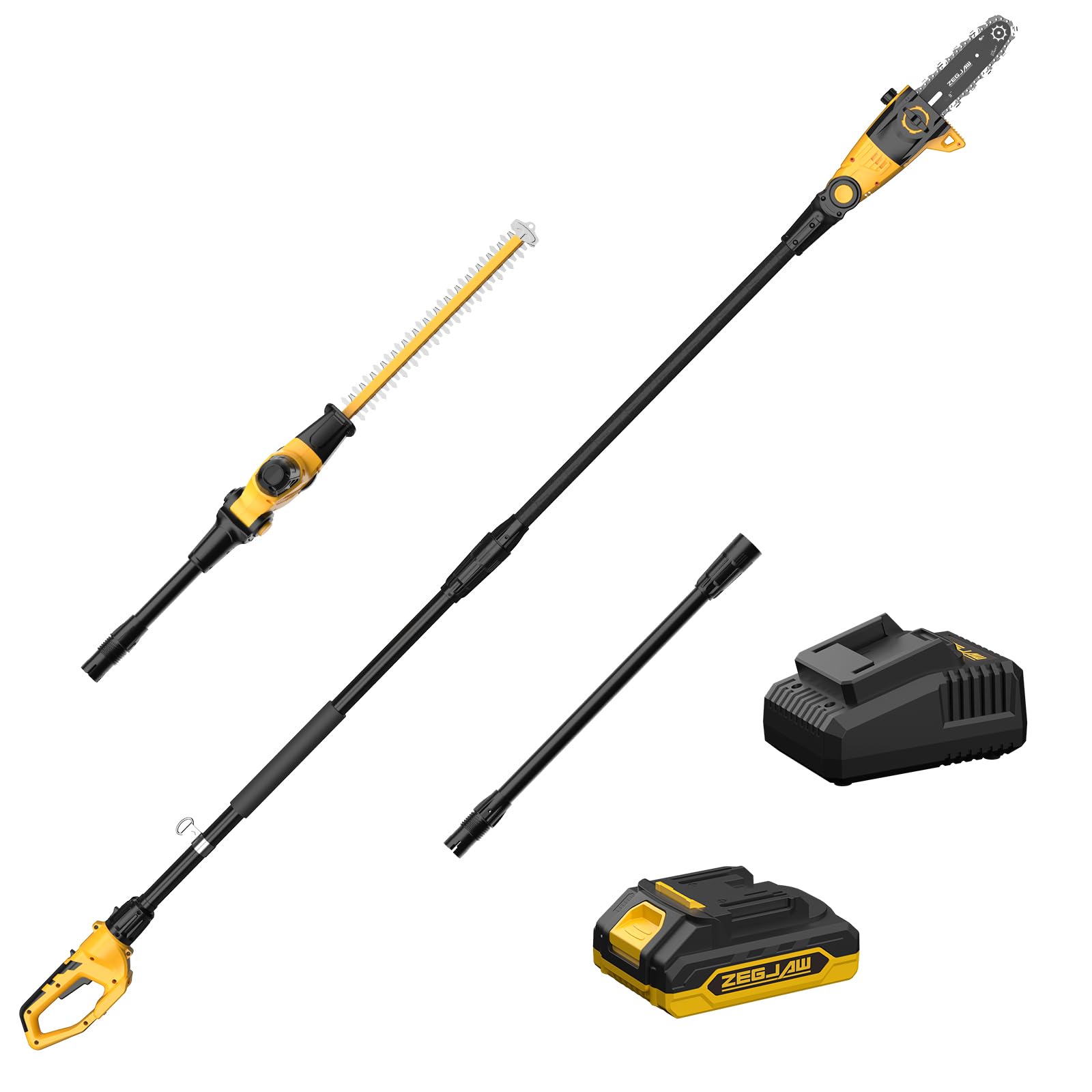 ZEGJAW Pole Saw 8-Inch Cordless Tree Trimmer and 18-Inch Pole Hedge Trimmer 2-In-1,15-Feet Max Reach, Auto Oiling, Telescoping Pole Chainsaw with 2.0Ah Battery & Charger