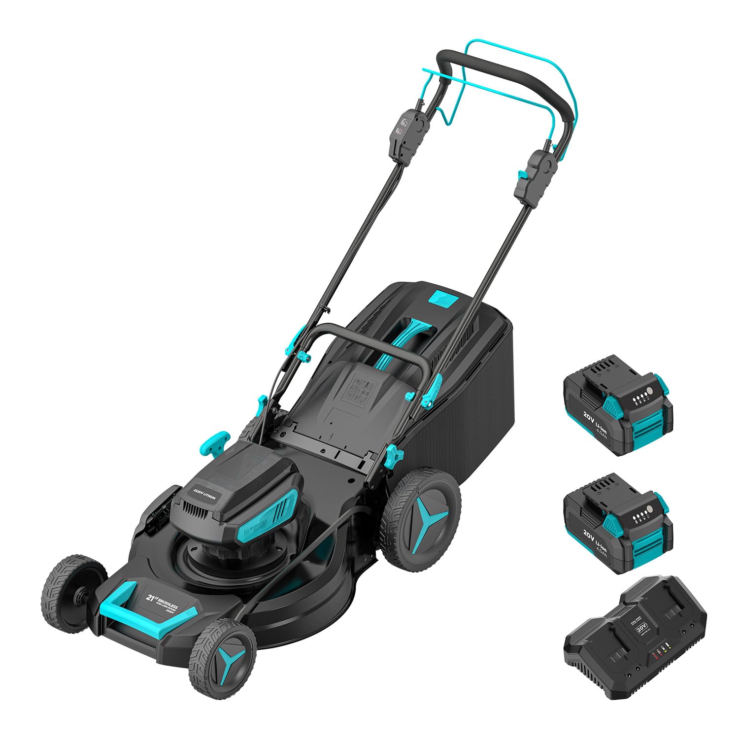 MightyMow 2x20V 21 inch Self-Propelled Lawn Mower Cordless, 3-in-1 Brushless Electric Lawn Mower with 6-Position Cutting Height Adjustment, 2x8.0Ah Battery & Dual Charger Included