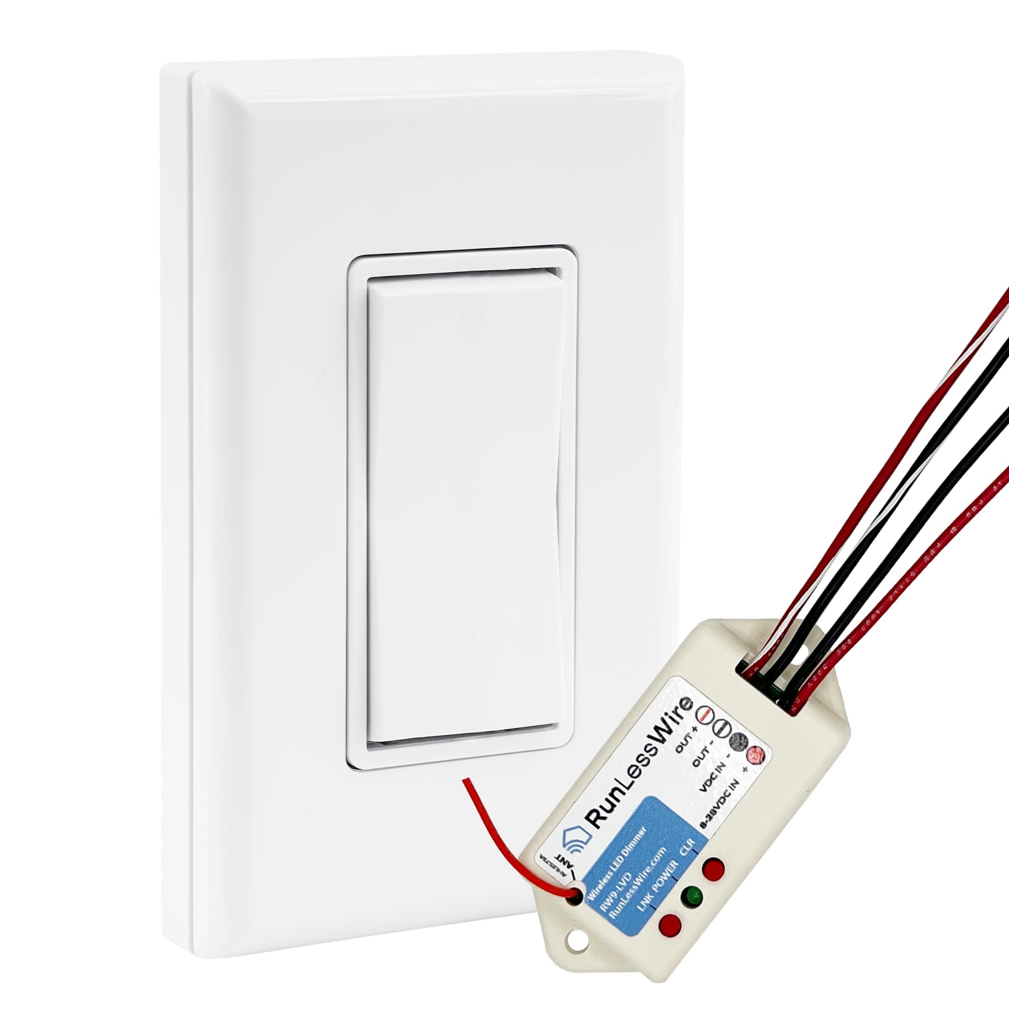 RunLessWire Low Voltage 8-30VDC Dimming Self Powered (NO Batteries) Wireless Light Switch - No Wiring, Battery, or WiFi Needed - Basic Low Volt Dimmer Kit: 1 Receiver, 1 Switch – White