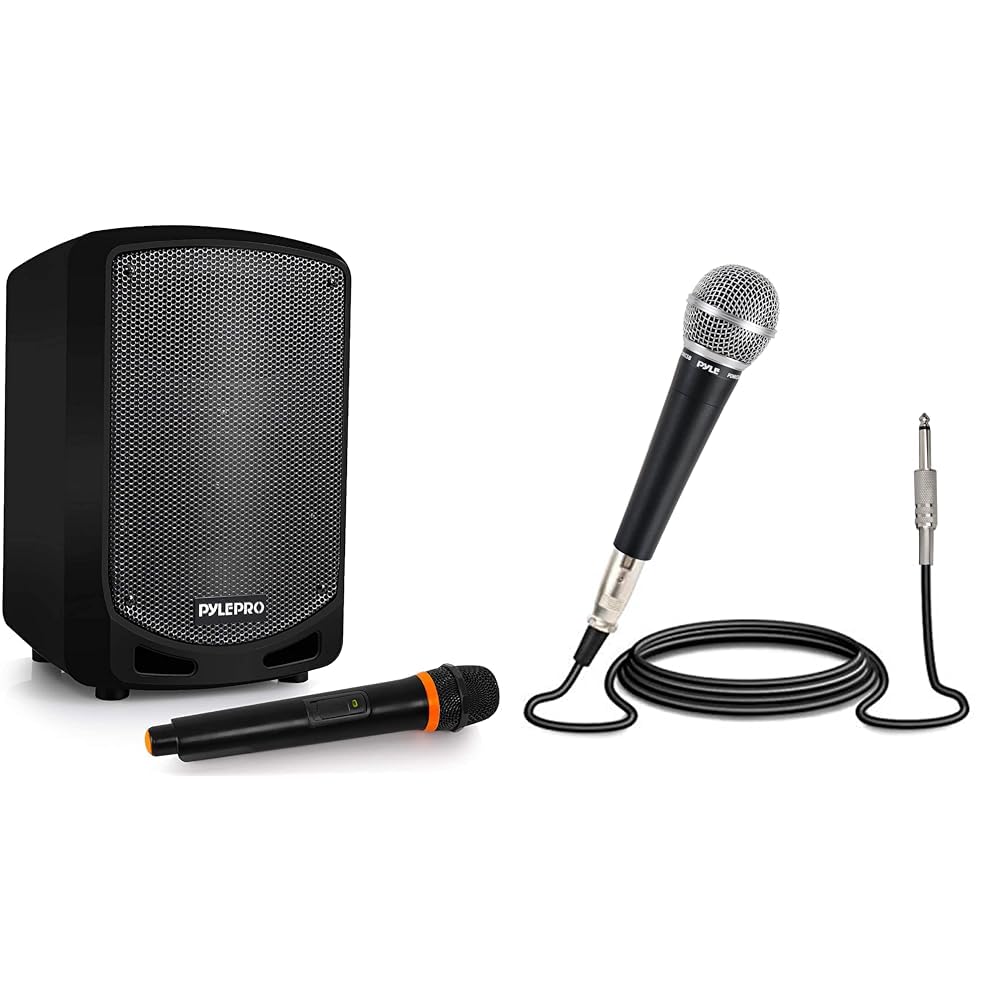 Pyle Portable Bluetooth PA Speaker Karaoke Sound System with Wireless Microphone and Handheld Dynamic Microphone with XLR Cable