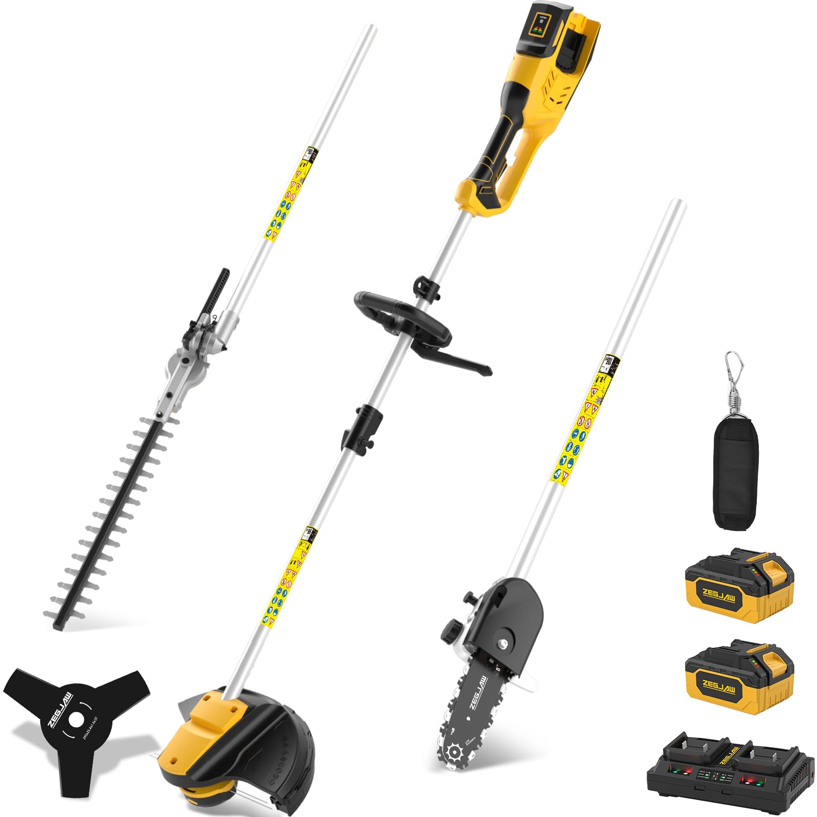 ZEGJAW 40V Cordless Weed Wacker, 8" Electric Pole Saw, Hedge Trimmer and Brush Cutter, 4-in-1 Multi Garden Tools with 2 * 20V 4Ah Battery and 1*Charger