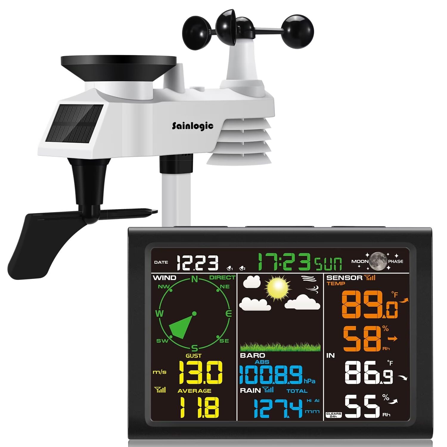 Sainlogic Wireless Weather Station with Outdoor Sensor, 8-in-1 Weather Station with Weather Forecast, Temperature, Air Pressure, Humidity, Wind Gauge, Rain Gauge, Moon Phrase, Alarm Clock (No WiFi)