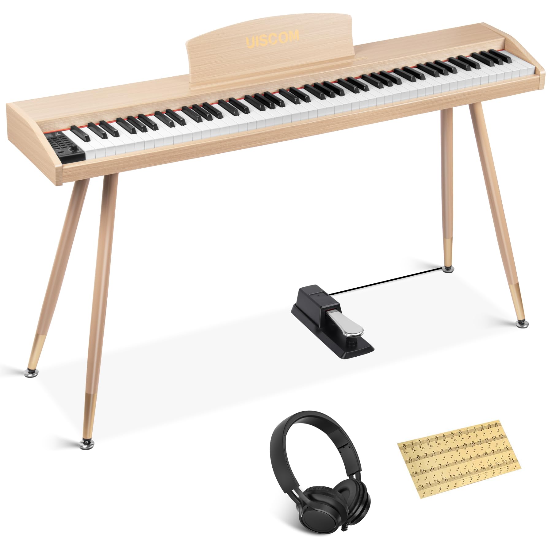 UISCOM Digital Piano Keyboard for Beginners, Full Size 88 Key Semi-Weighted Keyboard Electric Piano with Stand,Power Adapter,Sheet Music Stand,Pedal,Headphone,USB-MIDI Compatible,Wood Grain Apricot