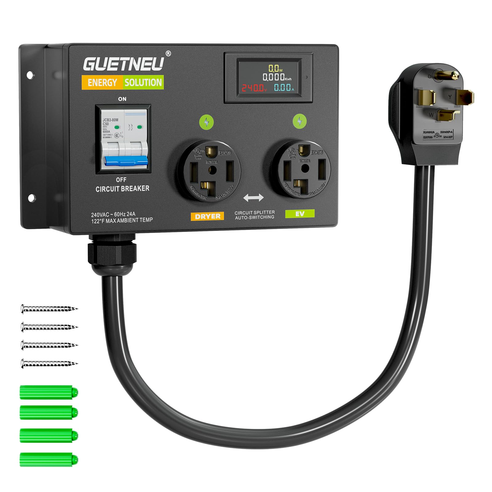 NEMA 14-30 (4 Prong) Dryer Splitter with Breaker - 240V Dryer Splitter for EV, Fast Charge for 2 EVs, Prioritizing Left-Side Power Supply