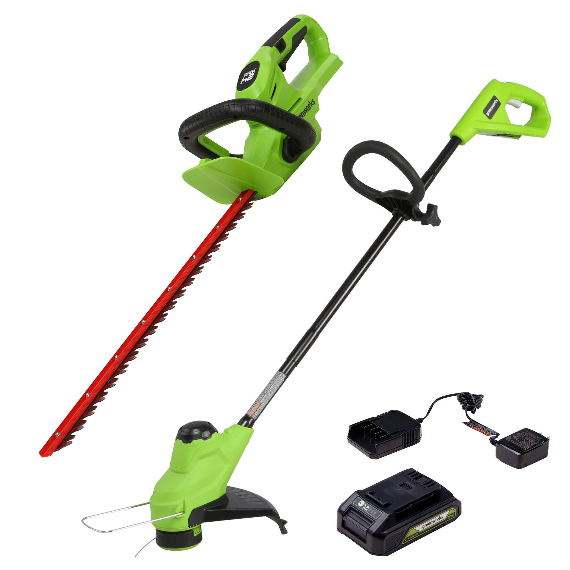 Greenworks 24V 22" Cordless Rotating Handle Hedge Trimmer and 10" String Trimmer Combo Kit, 1.5Ah USB Battery and Charger Included
