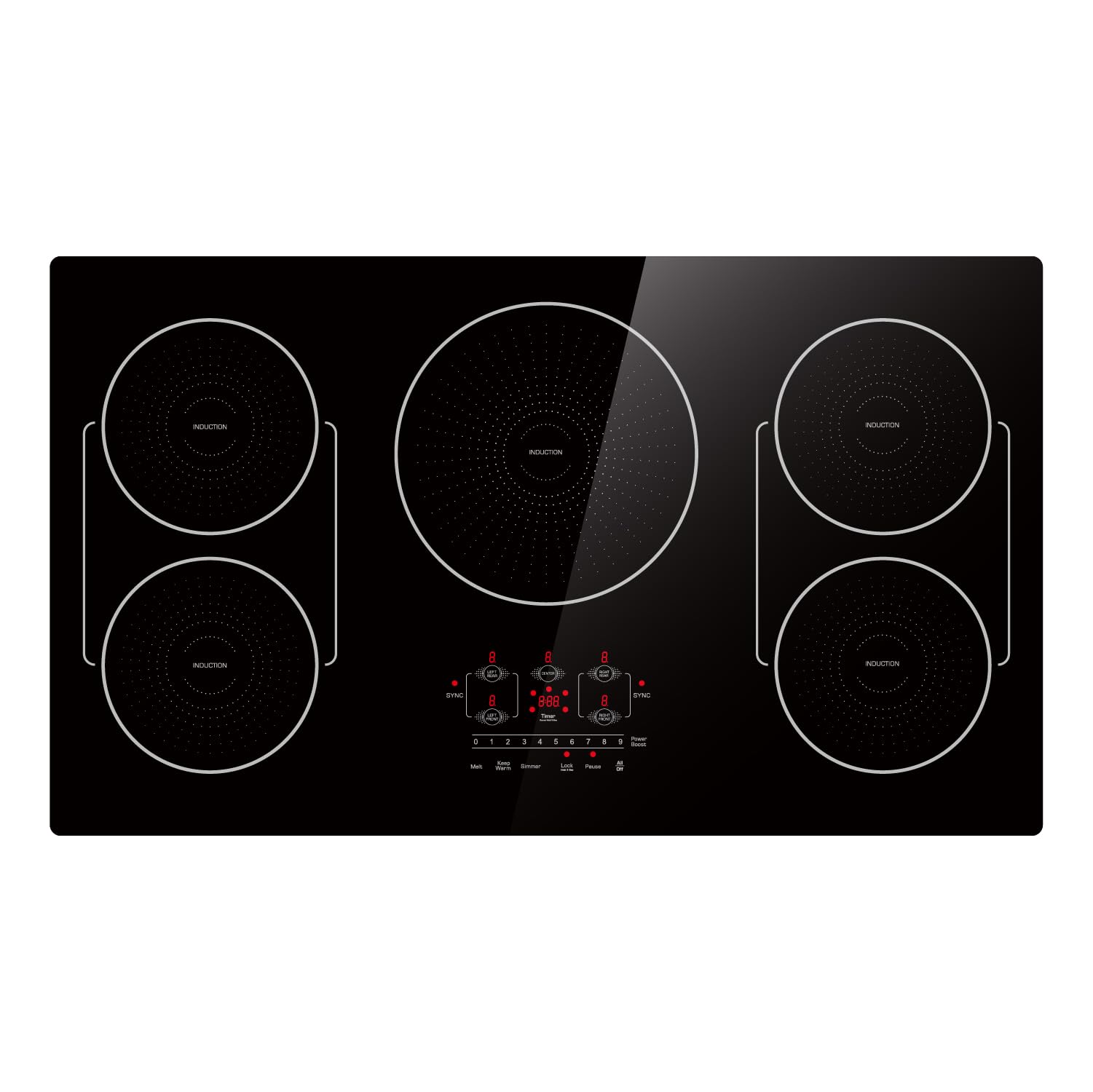BIGoods 36 Inch Induction Hob Cooktop 5 Burners, Flat Glass Top Electric Stove with Bridge-SYNC, 3 Preset Modes Booster, Timer, Pause, Child Lock, Drop in, 208~240V/50A, Black