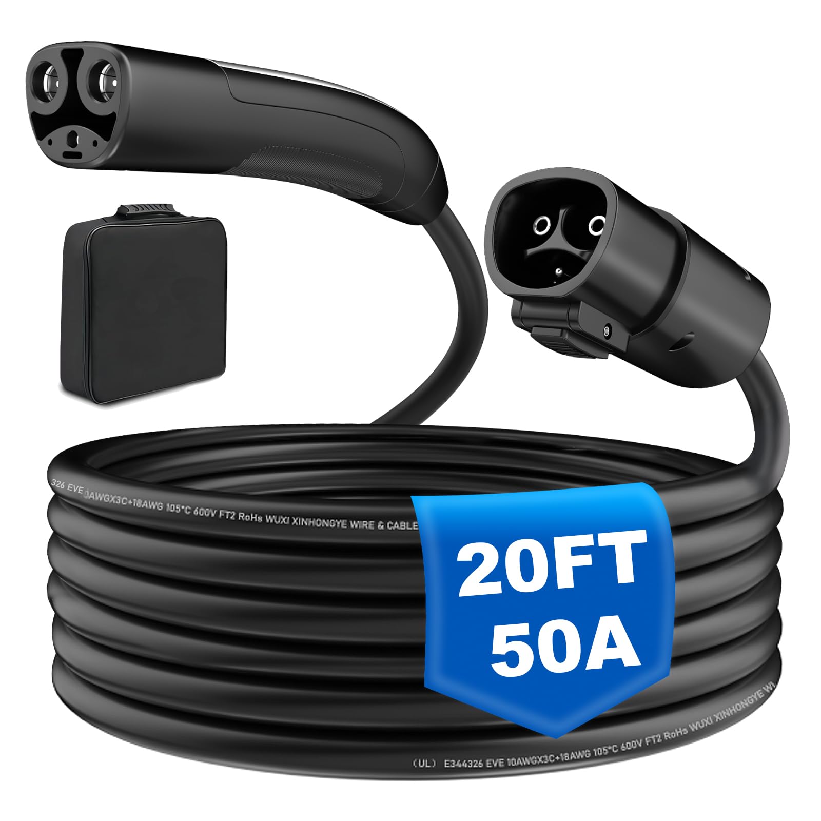 NACS EV Extension Cable, 20ft 50A EV Charger Extension Cord Compatible with Model 3/Y/X/S/CT, High Powered TSL Wall Connector, Destination Charger, and Mobile Connector 110V-240V