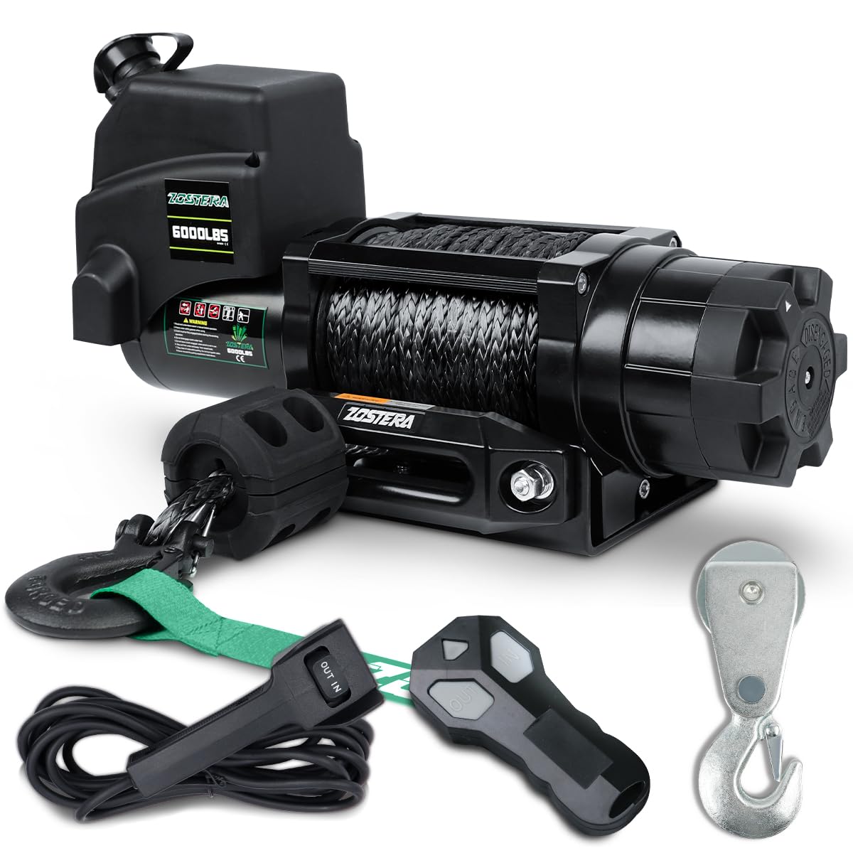 Zostera Winch with 1/4"×55 ft Synthetic Rope Electric Winch 12v 6000lbs, Trailer Winch with Wireless Remote &Manual Switch, with Pulley+Rubber Stopper,IP68 Waterproof, for Off Road ATV UTV