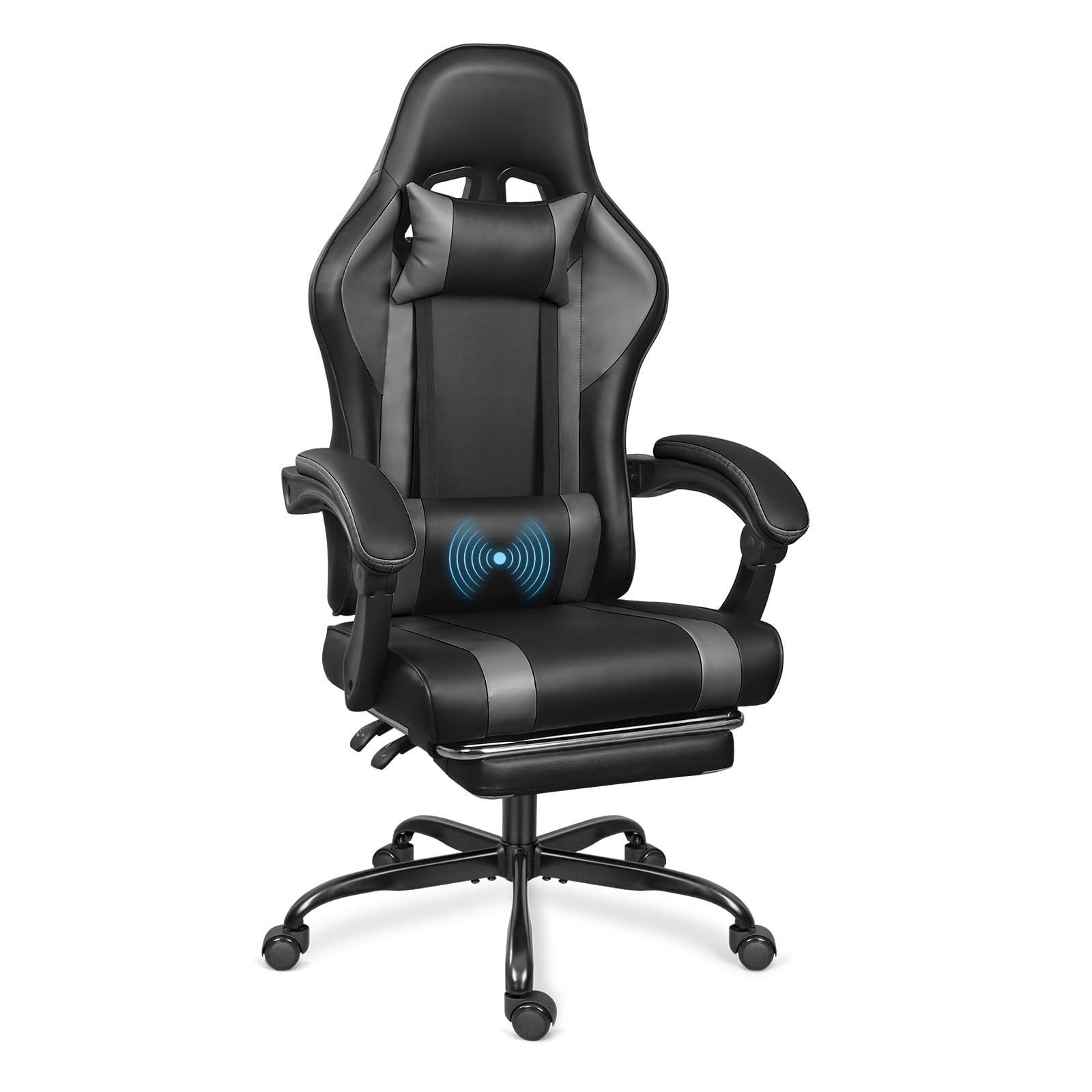 ErgoDesign Gaming Chair with Footrest and Massage Lumbar Support, Height Adjustable Game Chair, Video Gaming Chair for Gaming Room, Living Room and Office - Black/Grey