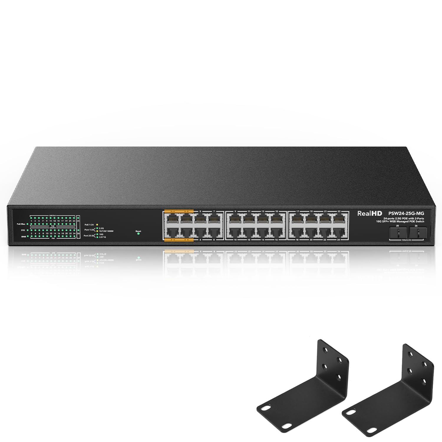 24 Port 2.5Gb PoE+ Managed Ethernet Network Switch 24 PoE+ Port @500W | 2 x 10G SFP+ | IEEE 802.3bt/ at Port 1-4 Up to 90W Per Port | 160G Bandwidth | Fanless Metal Internet Switch | Rack Mount