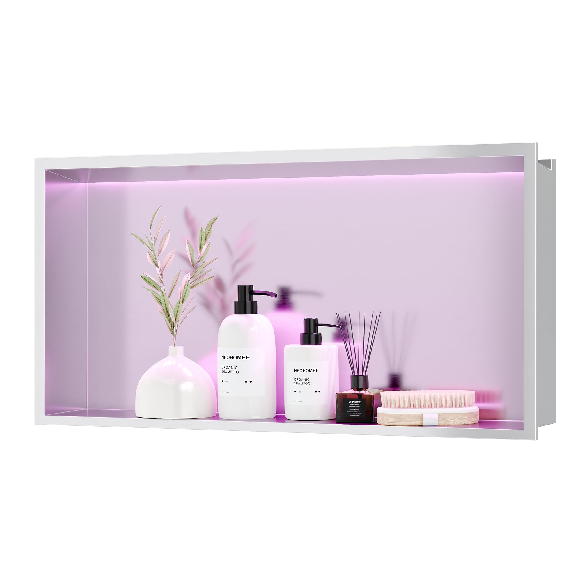 Neohomee RGB LED Light Shower Niche, Brushed 24X12 in Stainless Steel Wall Niche with Remote Control, Waterproof No Tile Needed Wall Niche for Bathroom Storage Built-in Installation