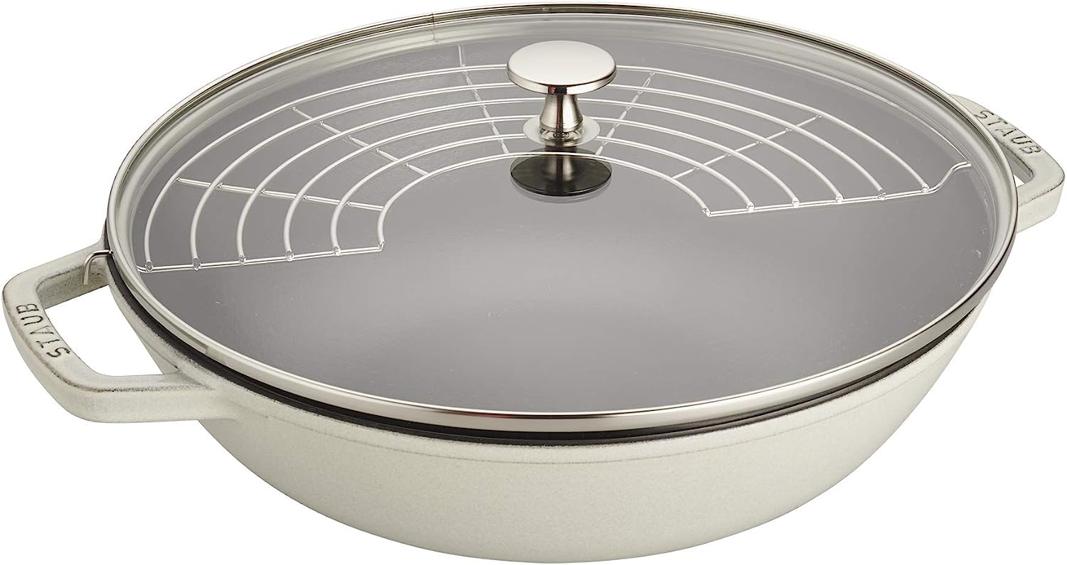 Staub Cast Iron Perfect Pan, Wok, Dutch Oven, 4.5-quart, serves 4-5, Made in France, White Truffle