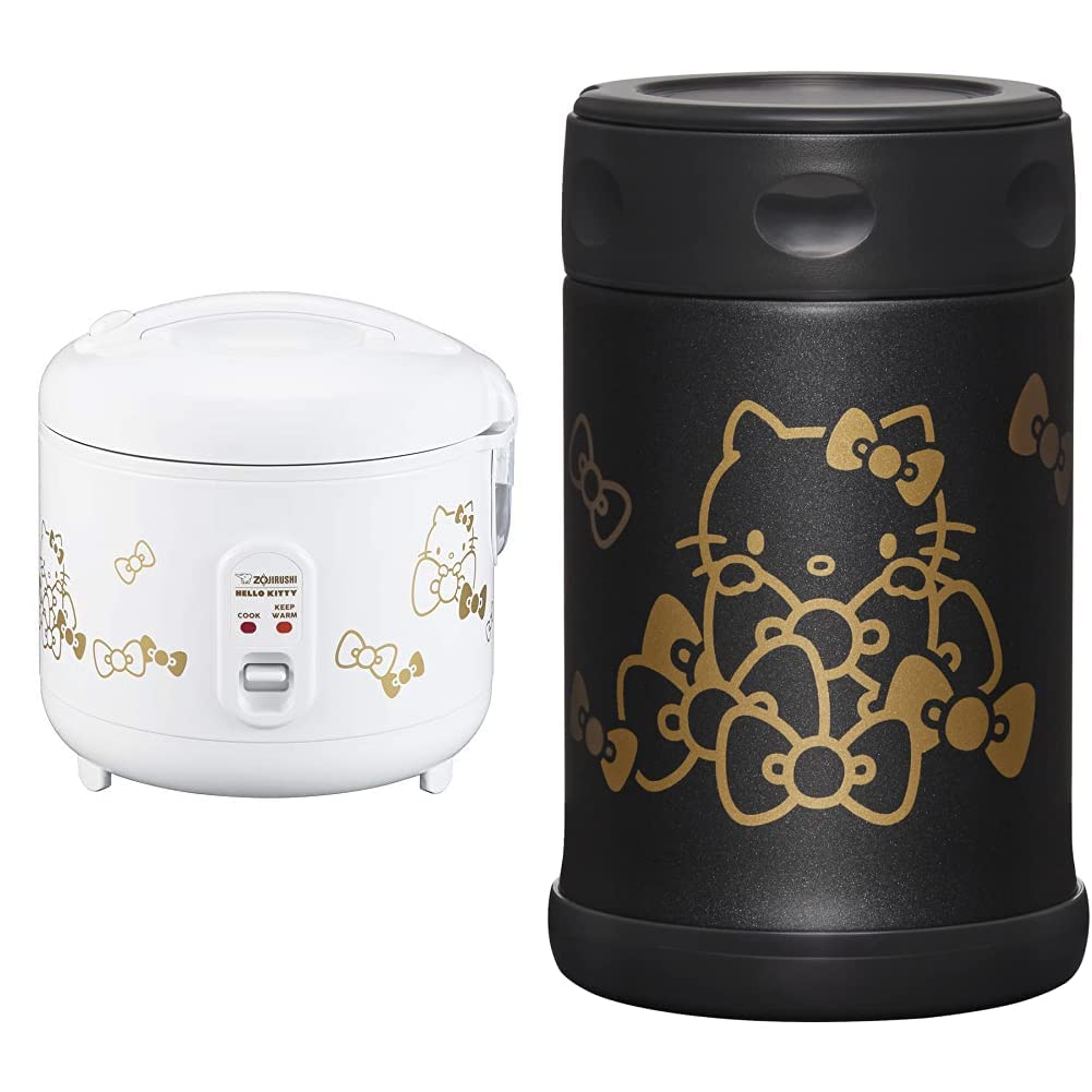 Zojirushi NS-RPC10KTWA Automatic Rice Cooker & Warmer, 5.5-Cup, White & SW-EAE50KTBA Stainless Steel Food Jar, 17-Ounce, Hello Kitty Collection Black