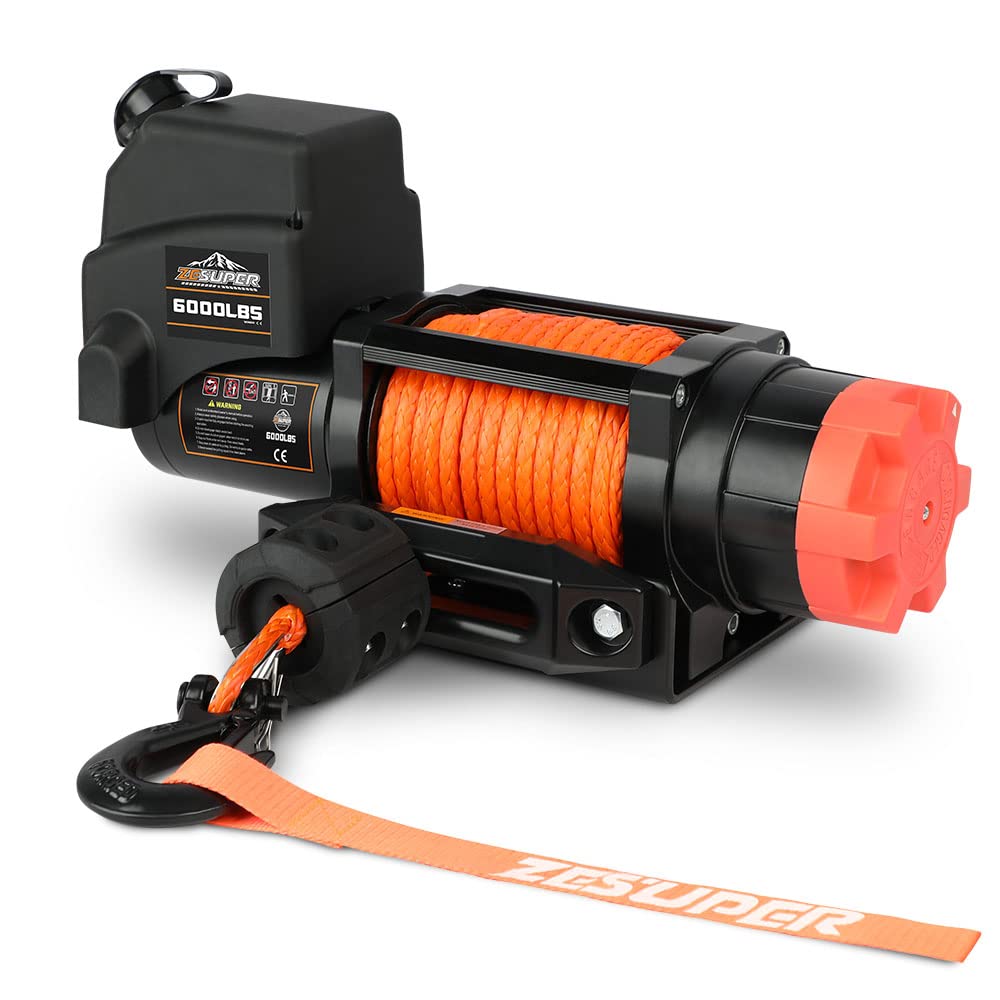 ZESUPER 6000lb Waterproof IP67 Electric Winch for UTV ATV, with Synthetic Rope and Hawse Fairlead, with Both Wireless Handheld Remote and Corded Control