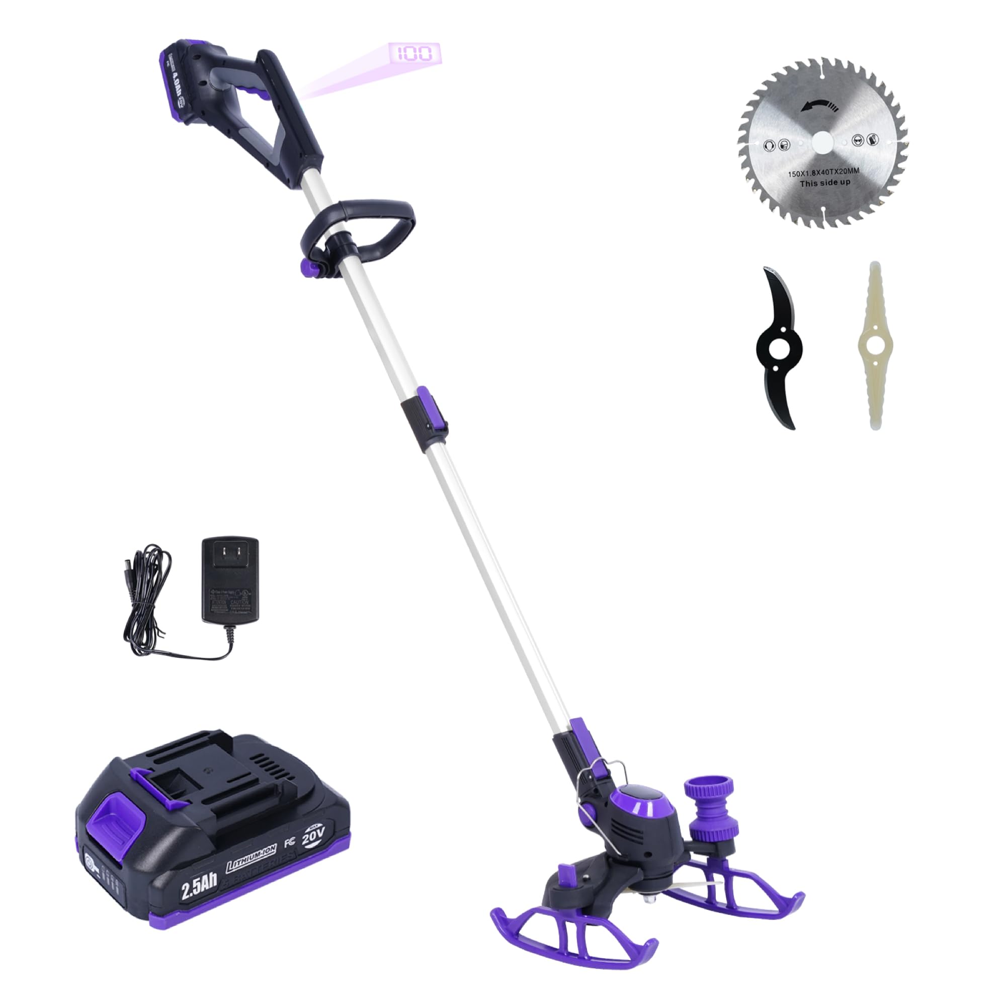 YardEz Electric Weed Wacker, YardEz Battery Operated Weed Eater with Tank Wheel, Edger/Trimmer/Cutter 3 in 1, Nylon/Steel/Saw Blade (One 2.5Ah Battery)