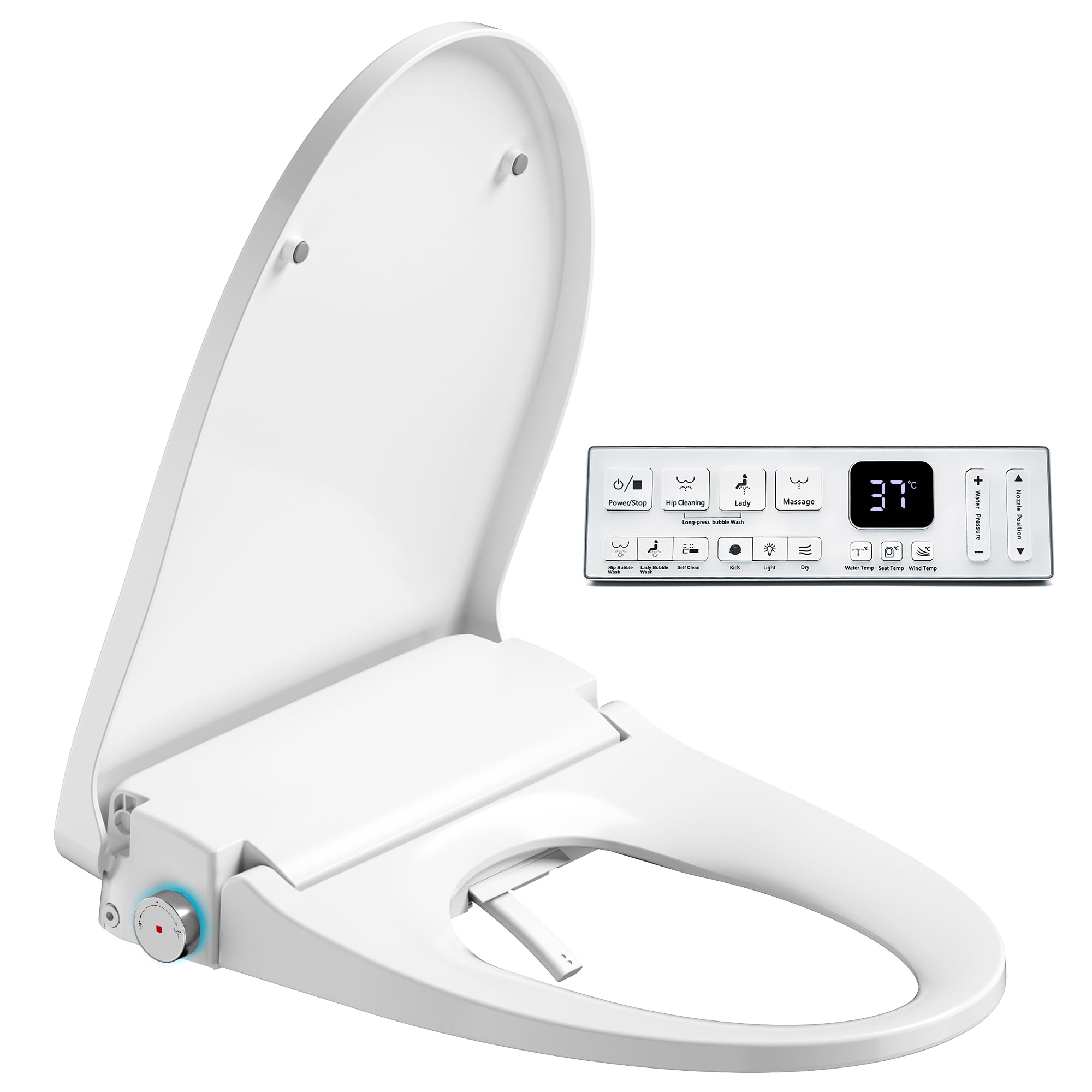 Electric Heated Bidet Warmer Water Toilet Seat with Heated Seat for Elongated, Warm Air Dryer, Endless Warmer Water, Remote Control, Curved Spray Bar, 70" Power Cord, Clean Water