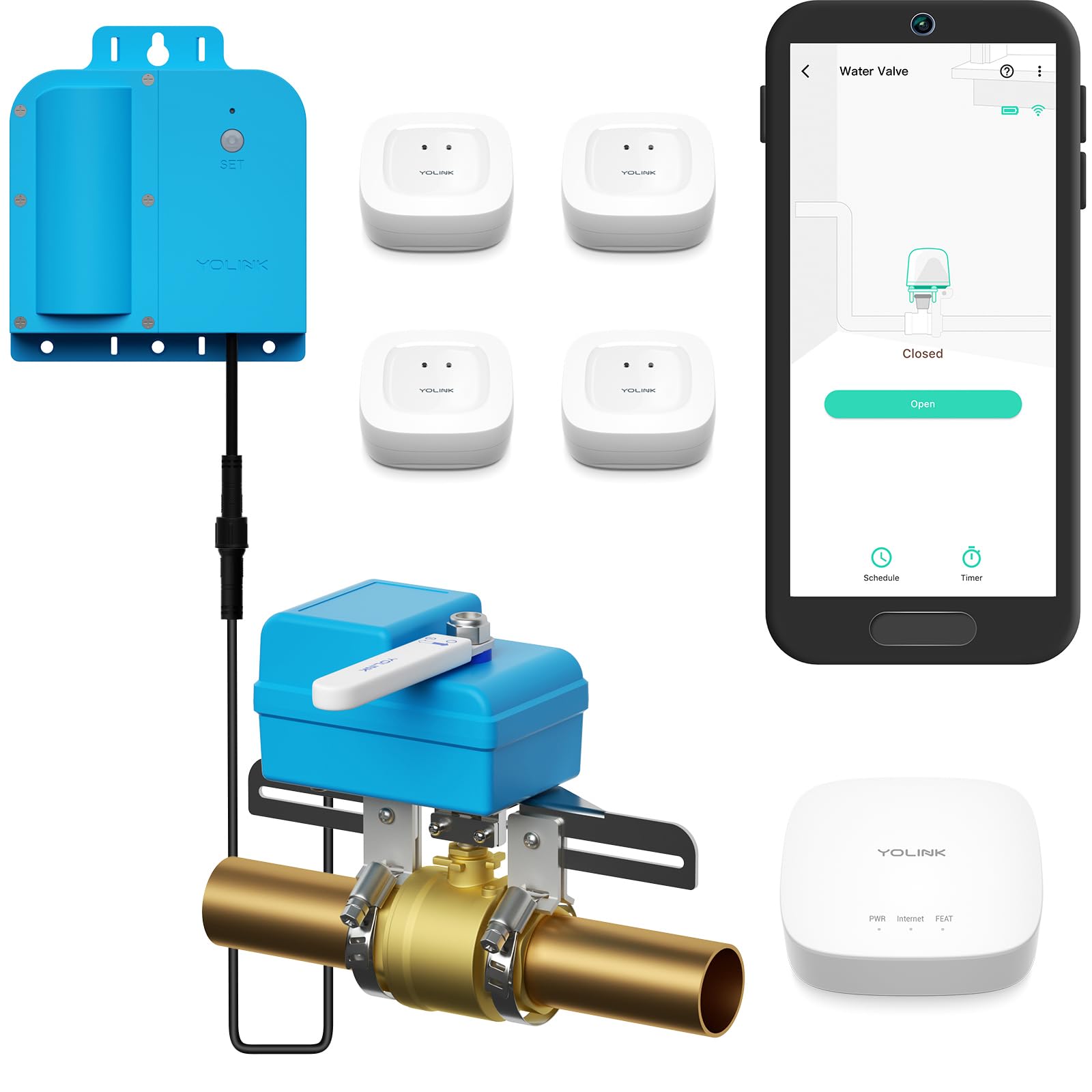 YoLink DIY Automatic Water Leak Detection & Shut-Off Starter Kit, Valve Operator, X3 Version Wireless Valve Controller, (4) Leak Sensors, Hub