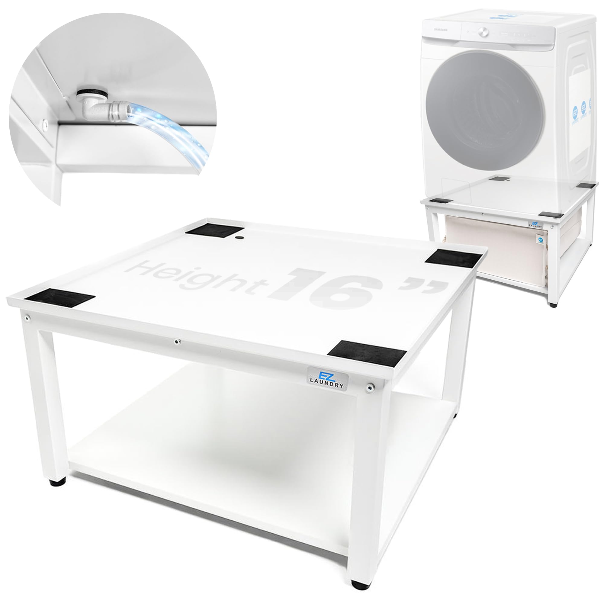 EZ Laundry Laundry Pedestal for Washer and Dryer | 24-Inch Stand with Adjustable Feet | Elevates 16" | includes Drain Pan & Hose | Anti-Vibration Steel | Fits 24" Wide Washer/Dryer Brands (White)