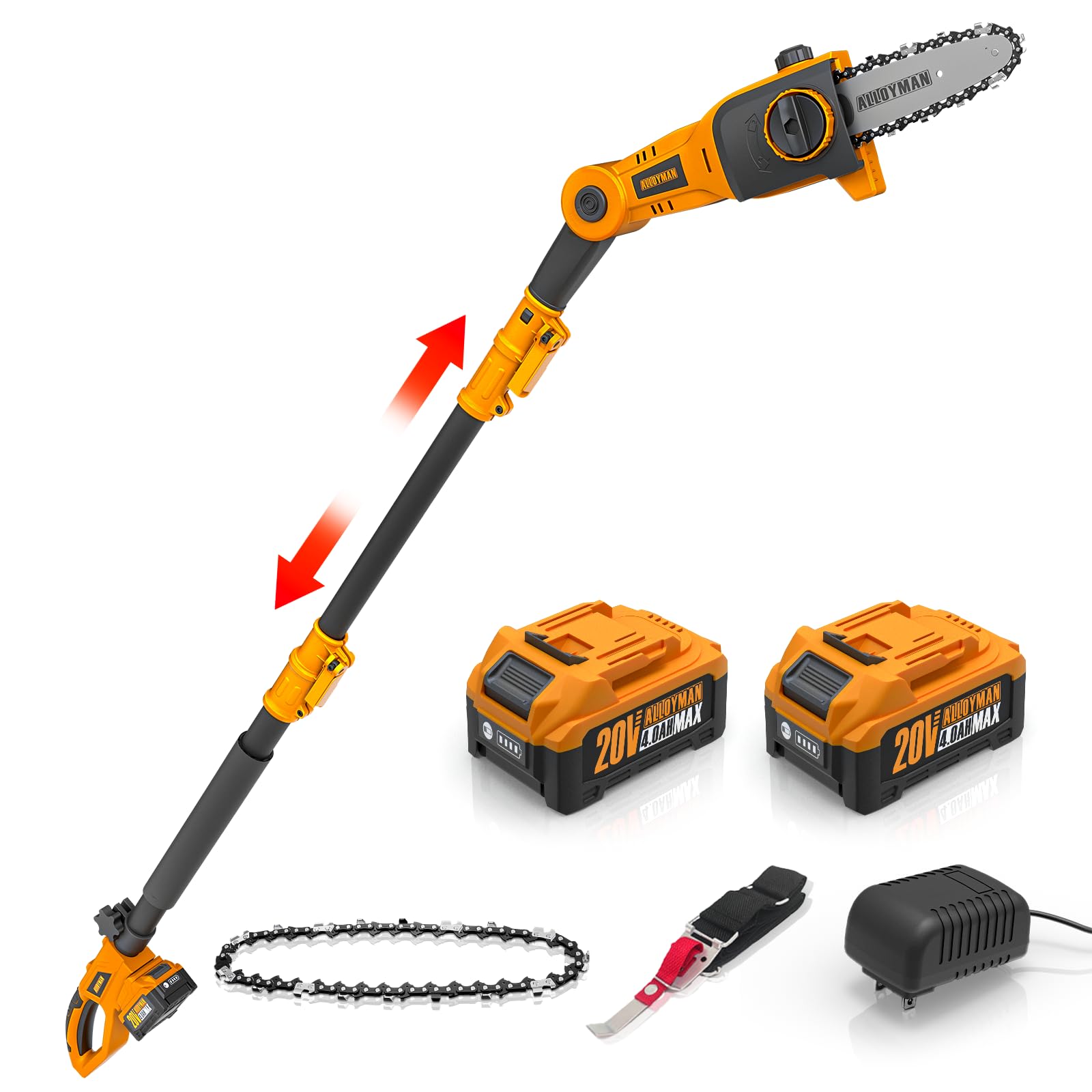 Alloyman 20V Cordless Pole Saw，Powered Pole Saws for Tree Trimming, with 2 Packs 4.0Ah Batteries & Charger,14 Ft MAX Reach Pole Saw for Branch Cutting