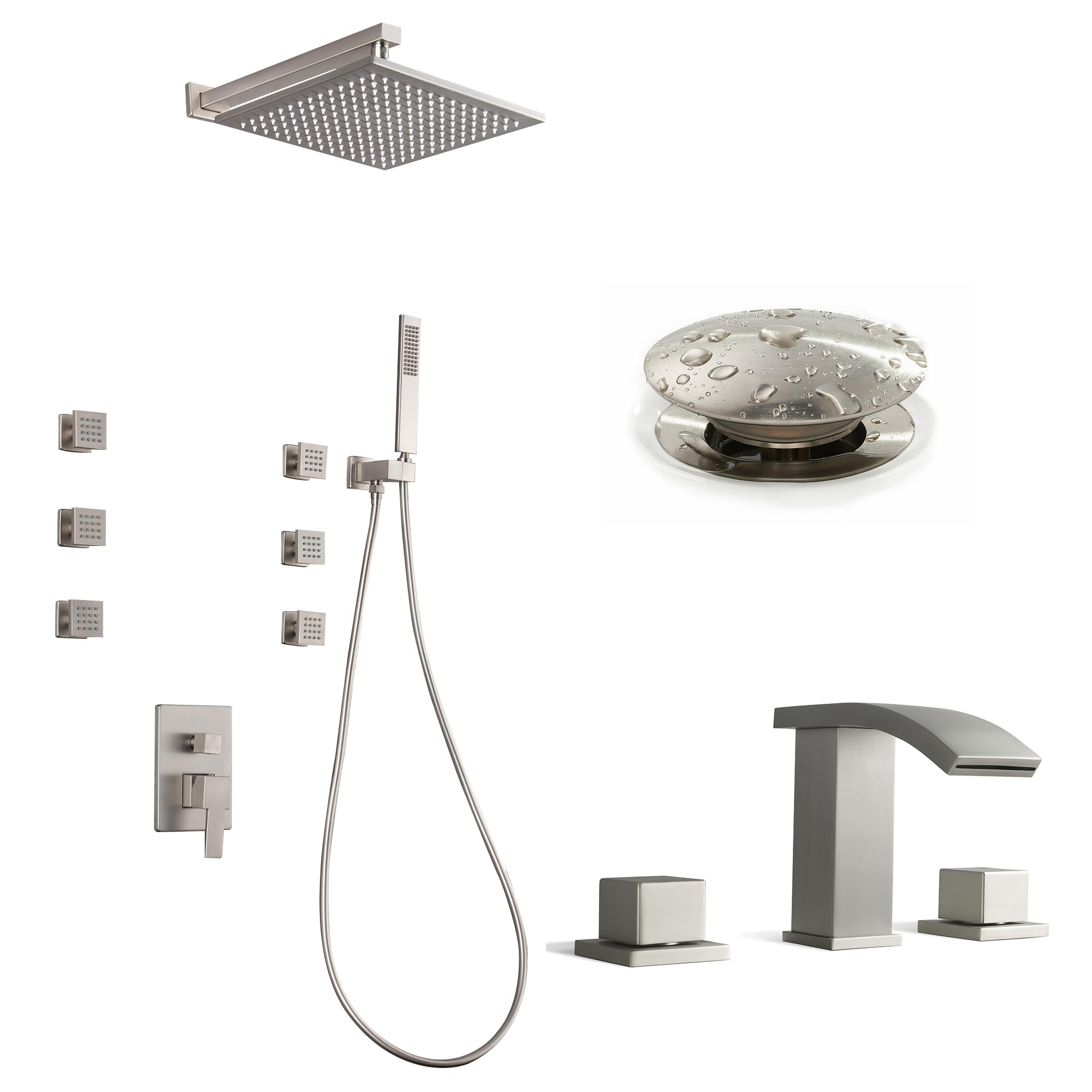 SKOWLL 12 Inch 3 Function Shower Faucet System and Widespread 3 Hole Vanity Sink Faucet and Pop Up Vanity Drain, Brushed Nickel