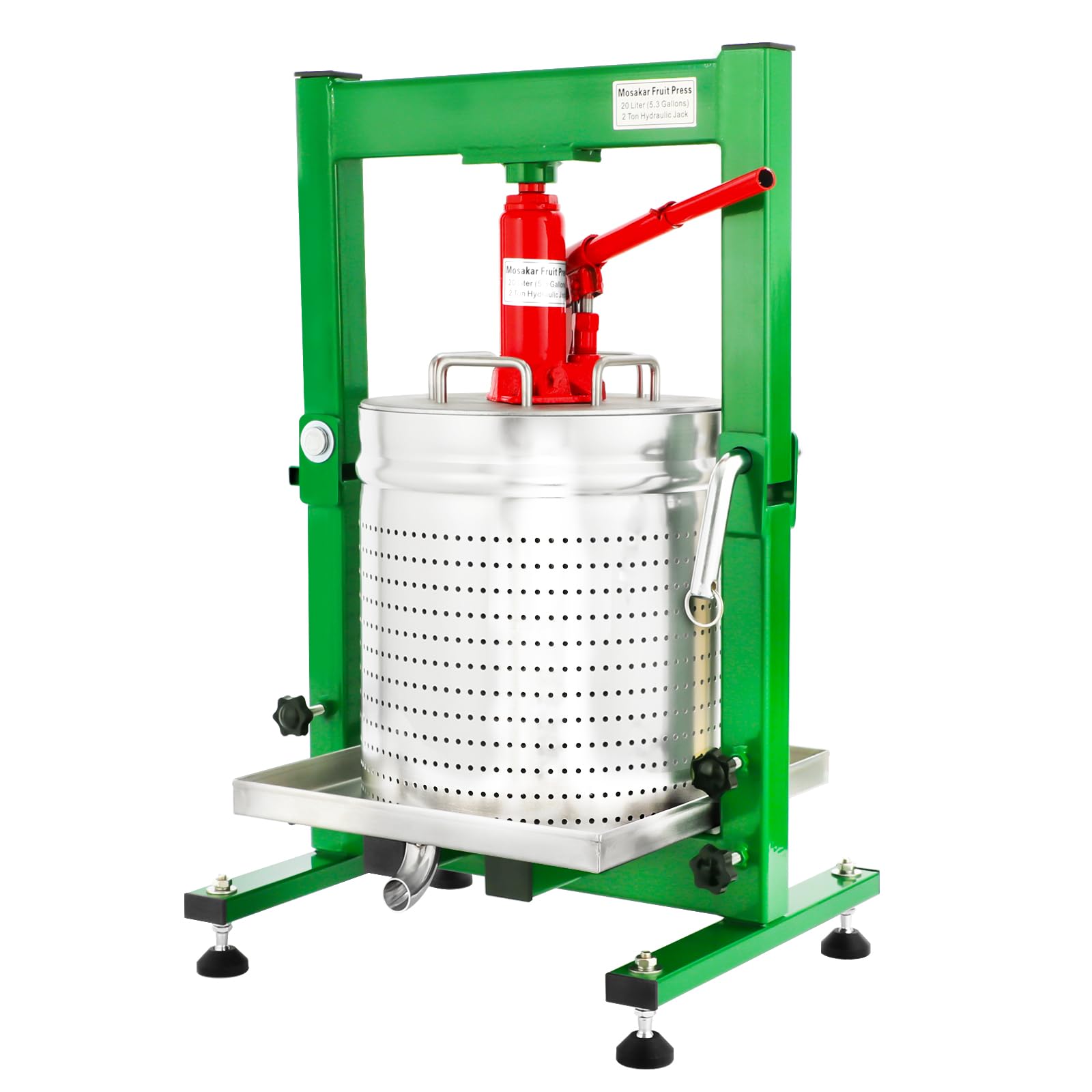5.28 Gallon / 20L Mosakar Fruit Press - Hydraulic Jack. 2 Ton Pressure. Parts contact with Juice are AISI 304 Stainless Steel. Hydraulic Apple Grape Wine Cider Juice Press (Green)