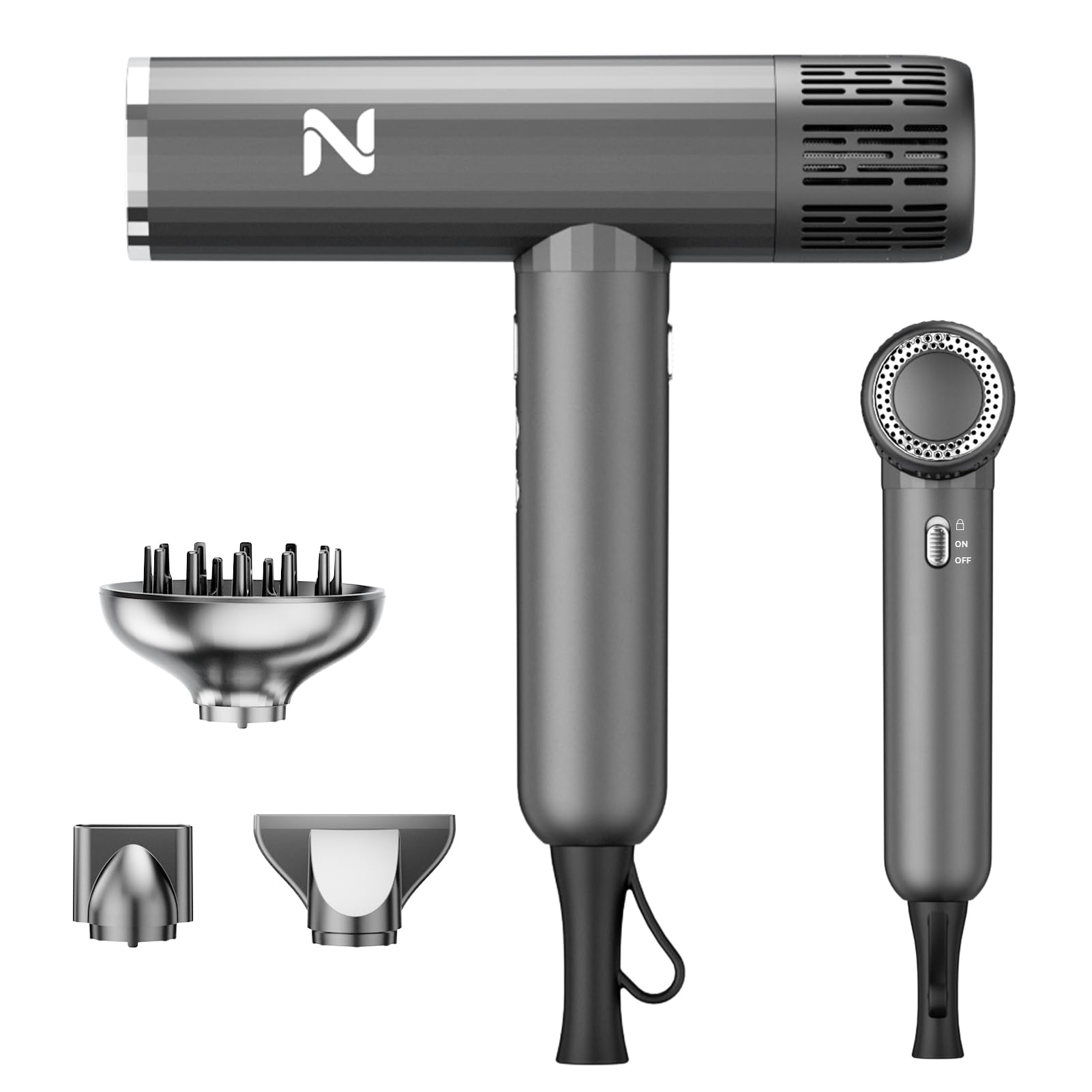 Natrial Ionic Salon Hair Dryer with 3 Attachments, 1600W Professional Blow Dryer with 110000RPM High Speed Brushless Motor for Fast Drying, Lightweight, Low Noise, Locking Function, 4 Temps & 3 Speeds