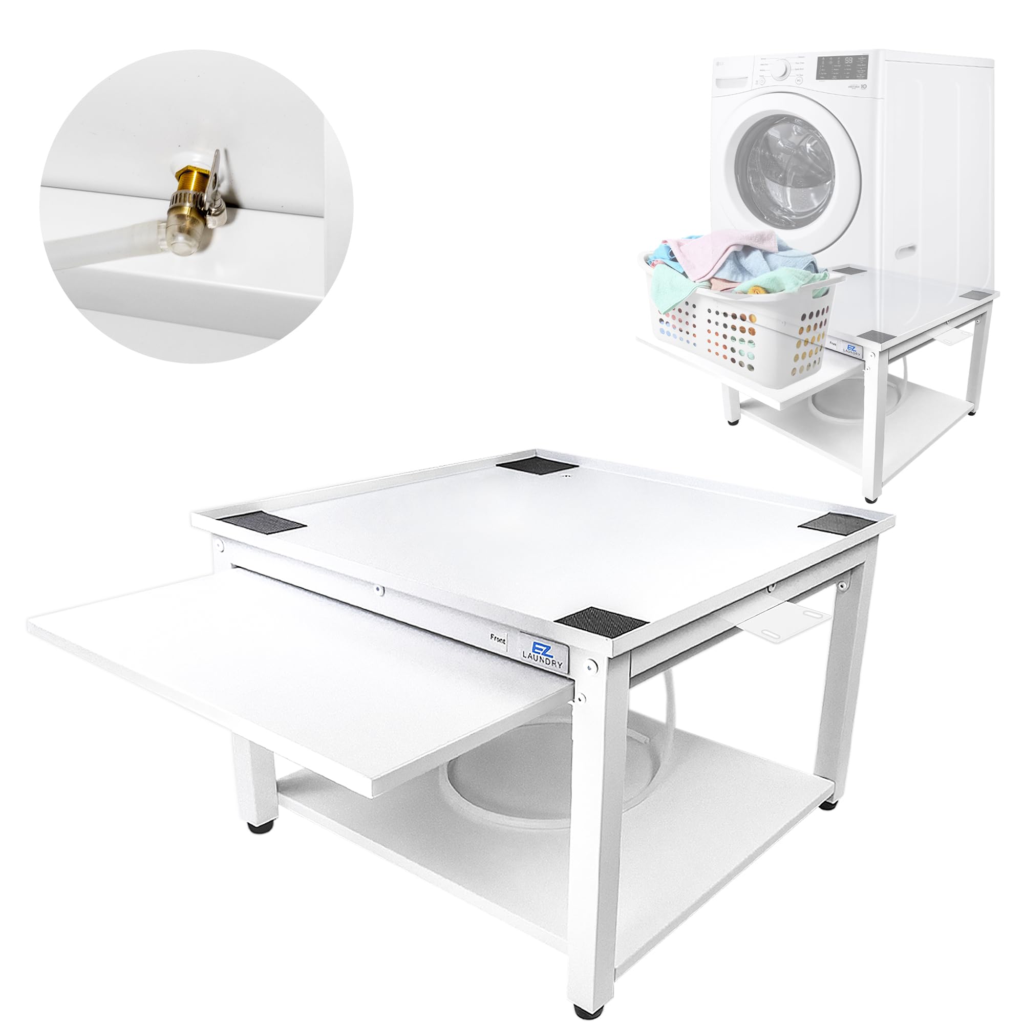 EZ Laundry - Laundry Pedestal for Washer/Dryer, 24" Anti-Vibration Steel Stand with Adjustable Feet Elevates 18", Includes Drain Pan & Hose Pull Out Shelf (White with Shelf)