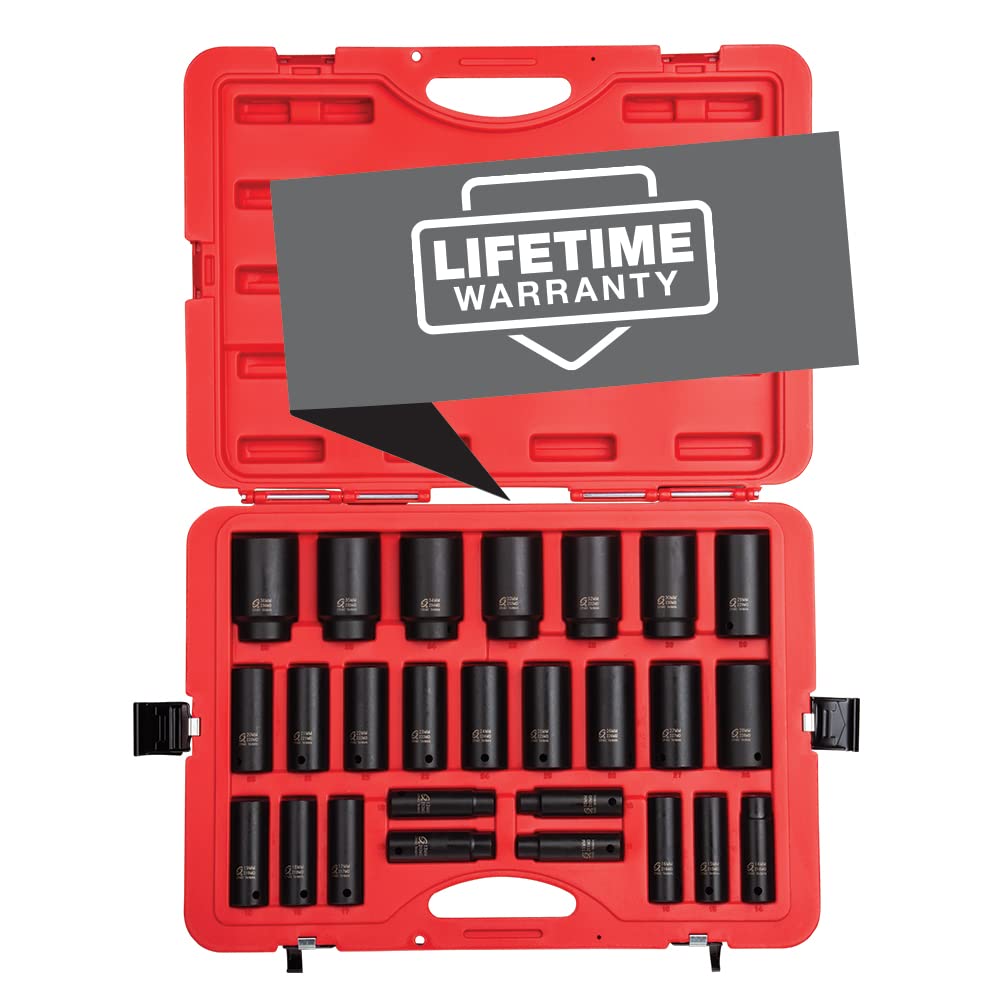 SUNEX TOOLS 2646, 1/2 Inch Drive Deep Impact Socket Set, 26-Piece, Metric, 10mm-36mm, Cr-Mo Alloy Steel, Radius Corner Design, Heavy Duty Storage Case