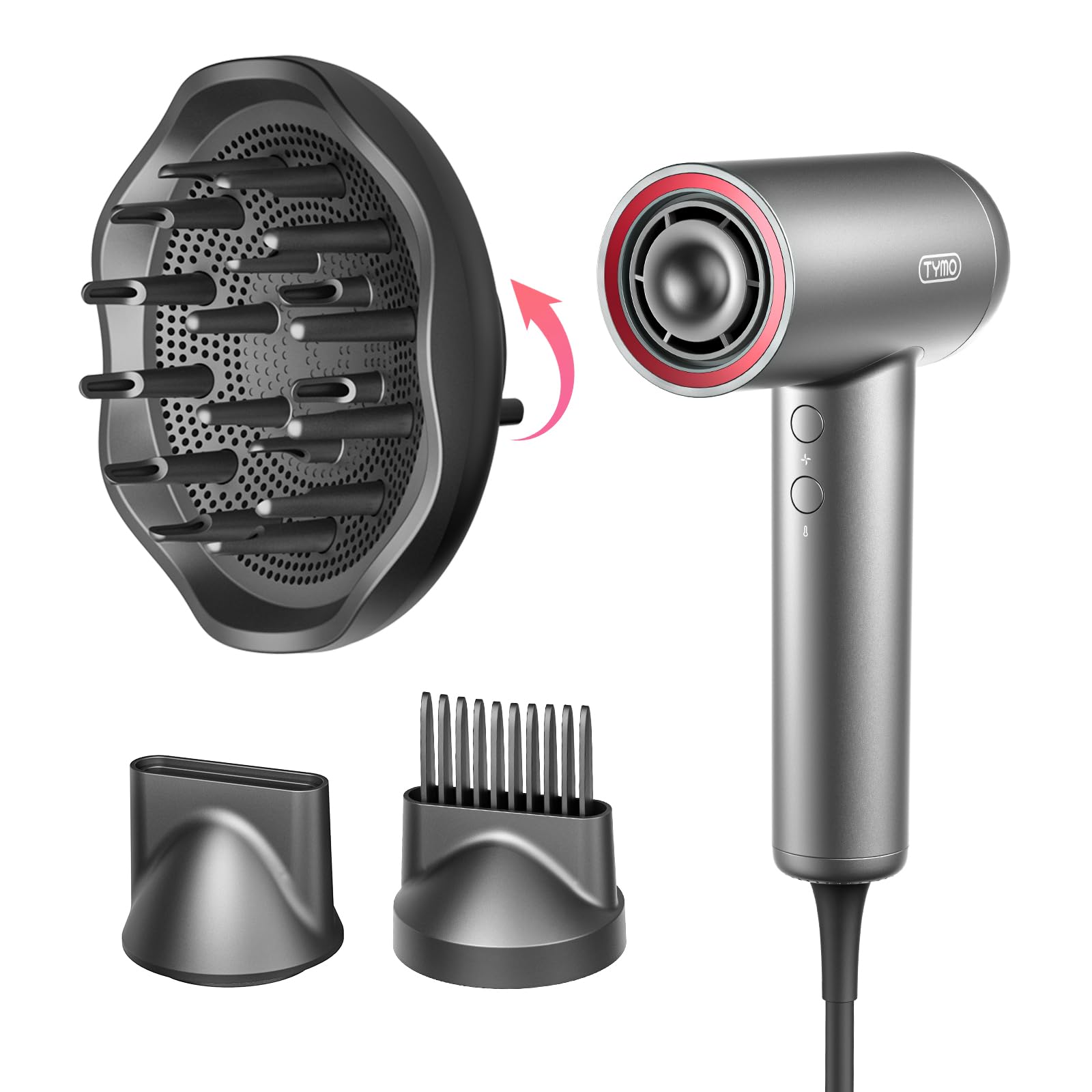 TYMO Hair Dryer with Diffuser, 1500W High-Speed Professional Blow Dryer with Comb for Fast Drying, 110,000RPM Brushless Motor, 200 Million Ionic Hairdryer Zero Damage, 3 Speeds & 4 Temps, Low-Noise