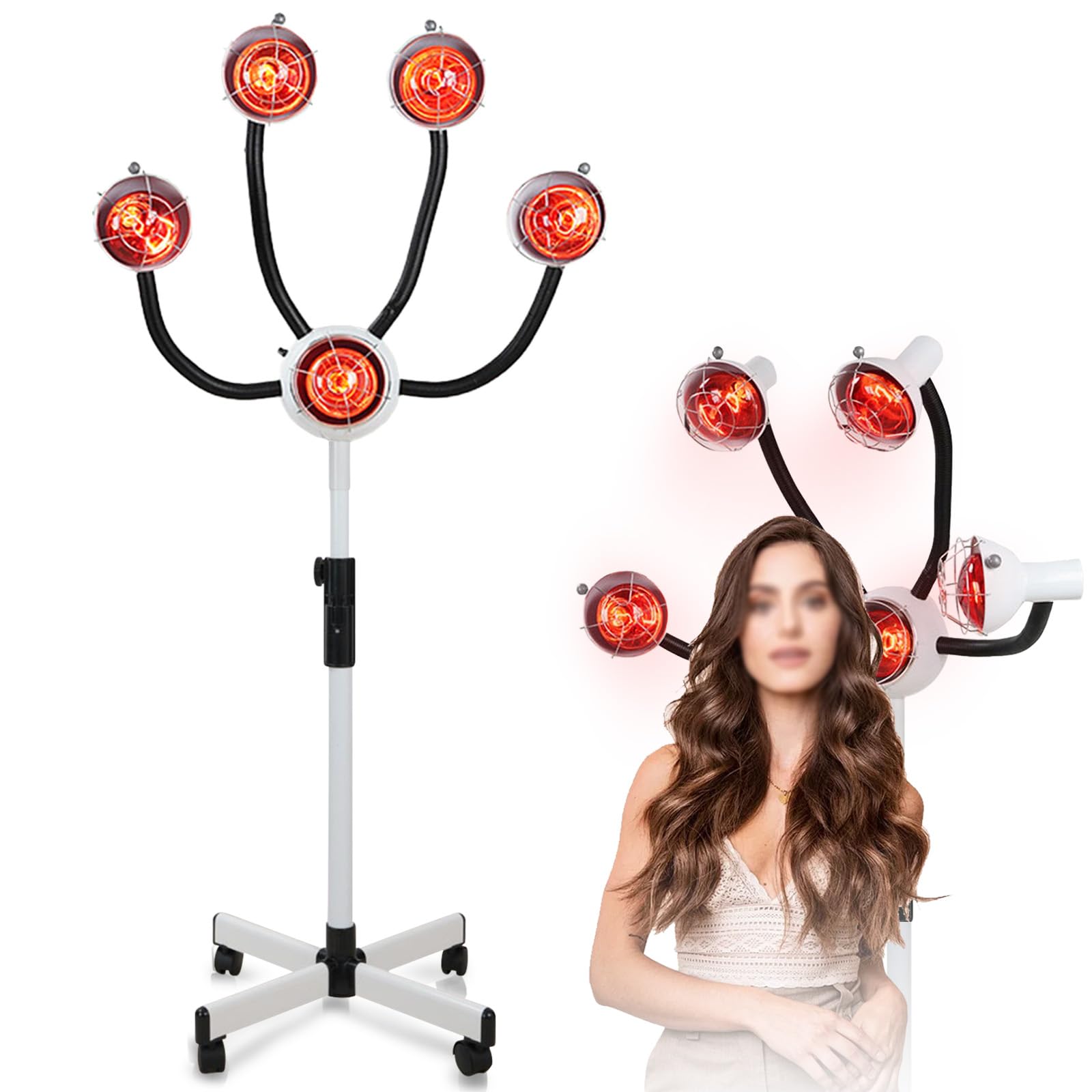 750W 5 Head Infrared Standing Salon Hair Dryer with Adjustable Height Ideal for Perming Dyeing All Hair Styling Needs, Complete with Chrome Arms and Metal Lampshade