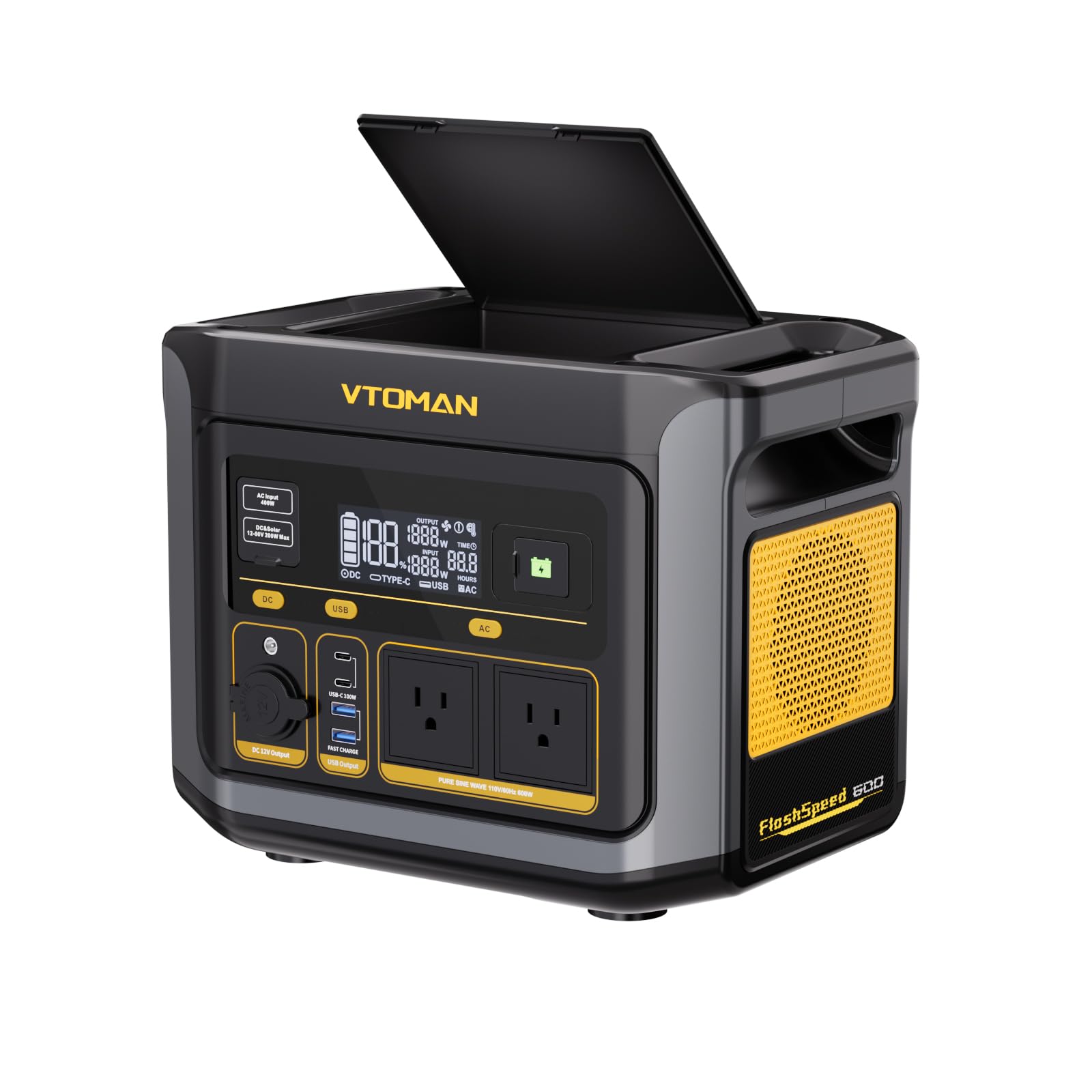 VTOMAN FlashSpeed 600, Portable Power Station 499Wh, 70Min Fully Charged, 600W(Peak 1200W) LiFePO4 Battery Solar Generator, 9 Output Ports for Vehicle Emergency, Road Trip, Outdoor Camping