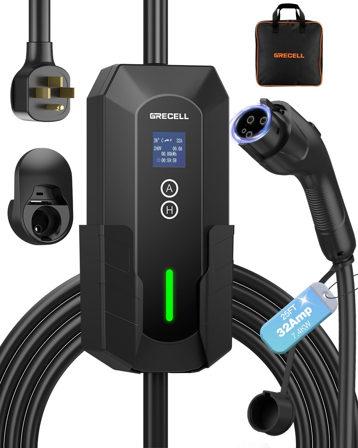 Portable EV Charger Level 2, ETL Certified 32A 240V NEMA 14-50 Electric Vehicle Charger, 7.4KW Level 2 Car Charger for J1772 with 25FT Adjustable Current and Reserve Charging Time for Home & Travel