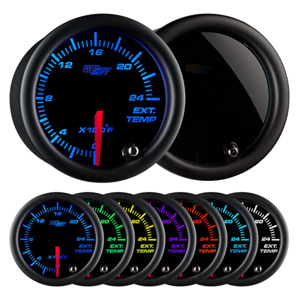 GlowShift Tinted 7 Color 2400 F Pyrometer Exhaust Gas Temperature EGT Gauge Kit - Includes Type K Probe - Black Dial - Smoked Lens - for Car & Truck - 2-1/16" 52mm